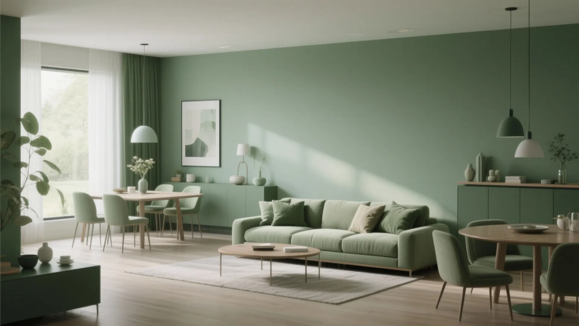 Living and dining spaces with coordinated sage and olive palette