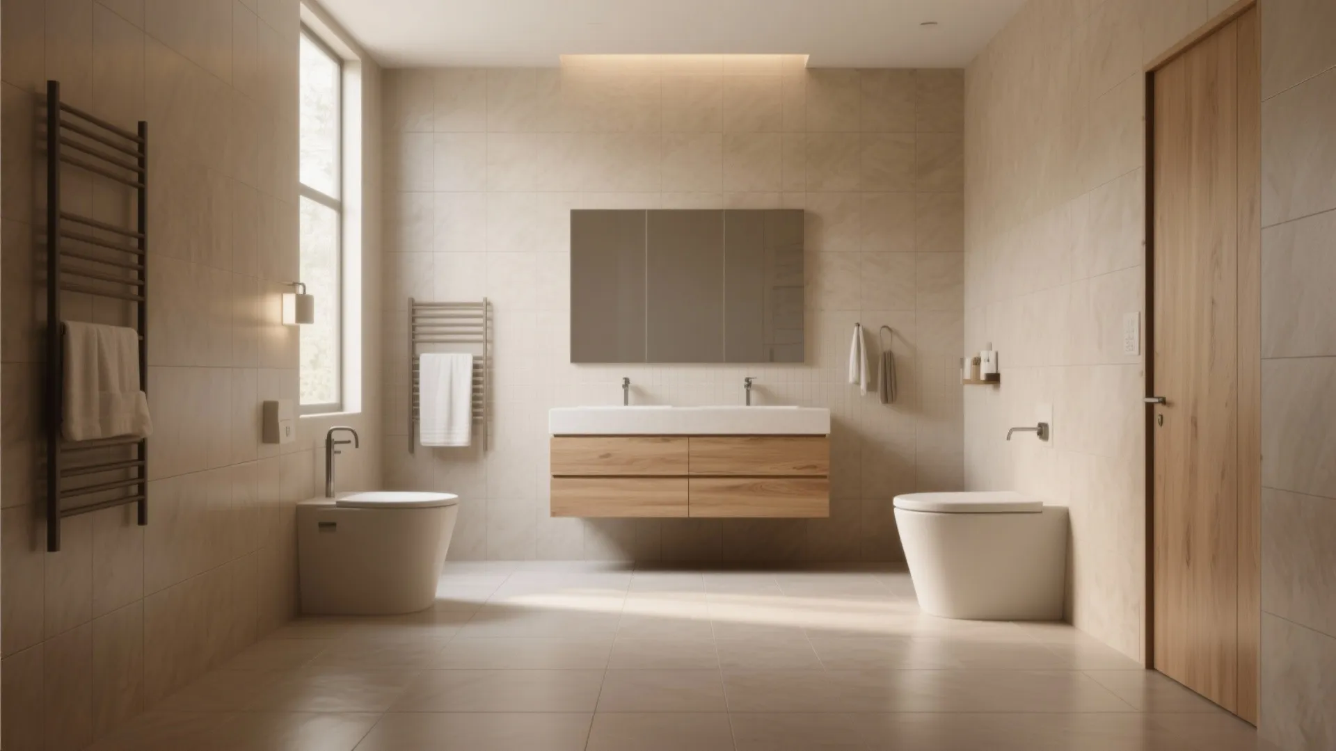 Minimalist bathroom with beige wall tiles wooden cabinet white toilets and a large wall mirror