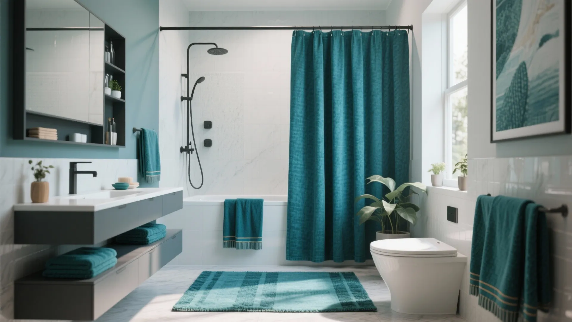 Modern bathroom with teal curtain matching towels floor rug white toilet and dark grey vanity cabinet