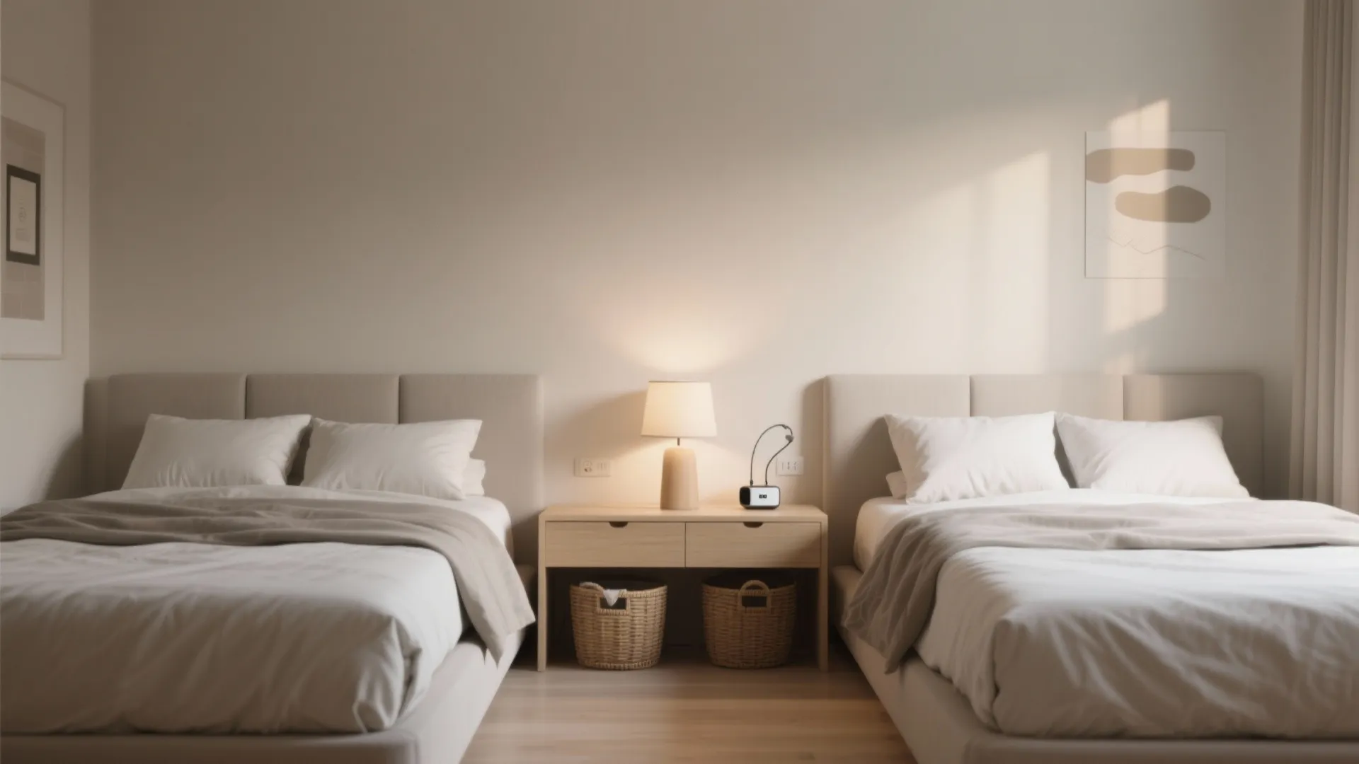 2. Matching Minimal Beds + Shared Nightstand Zone