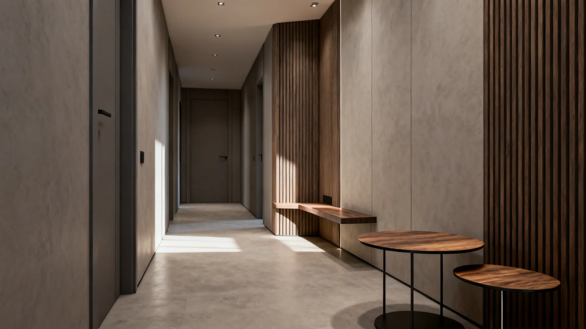 Narrow living room with a two-tier coffee table, two side tables, and a slim corner console keeping the walkway clear.