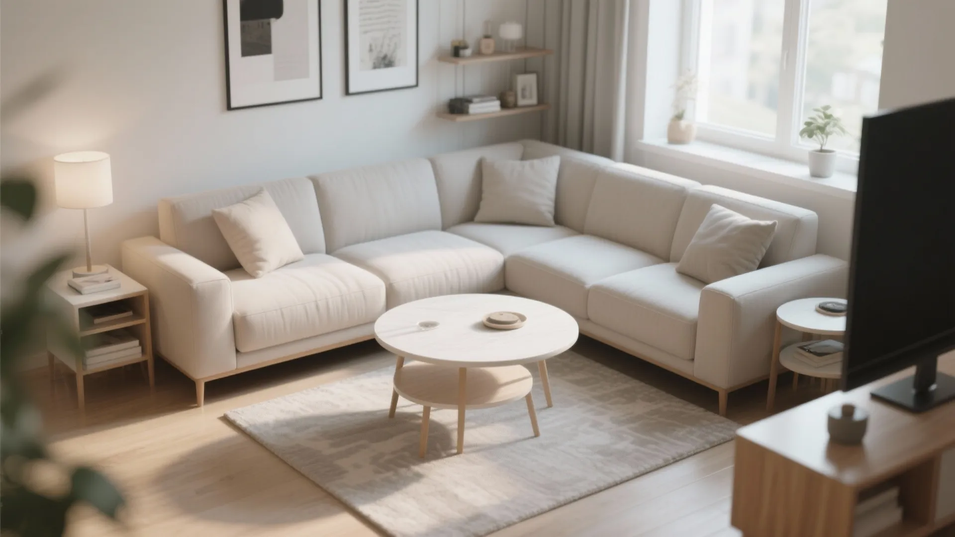 Minimalist living room with beige L-shaped sofa round white coffee table wooden floor and windows