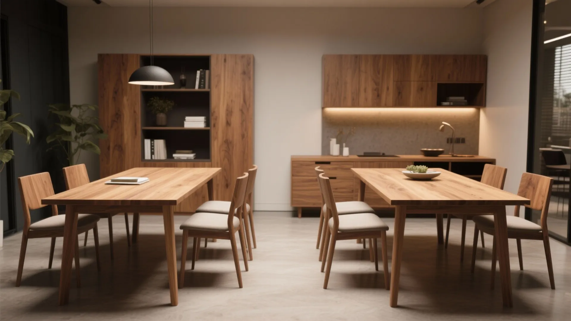 Matching oak finishes link dining and office furniture
