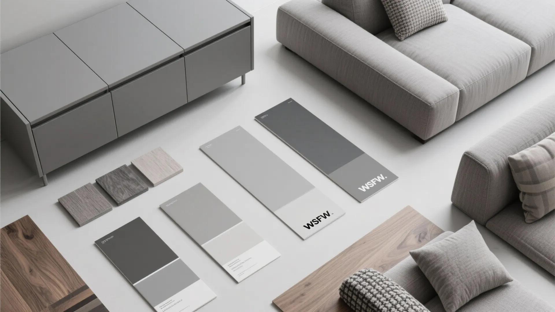 Grey color palette cards and material samples on floor between a grey sofa and cabinet