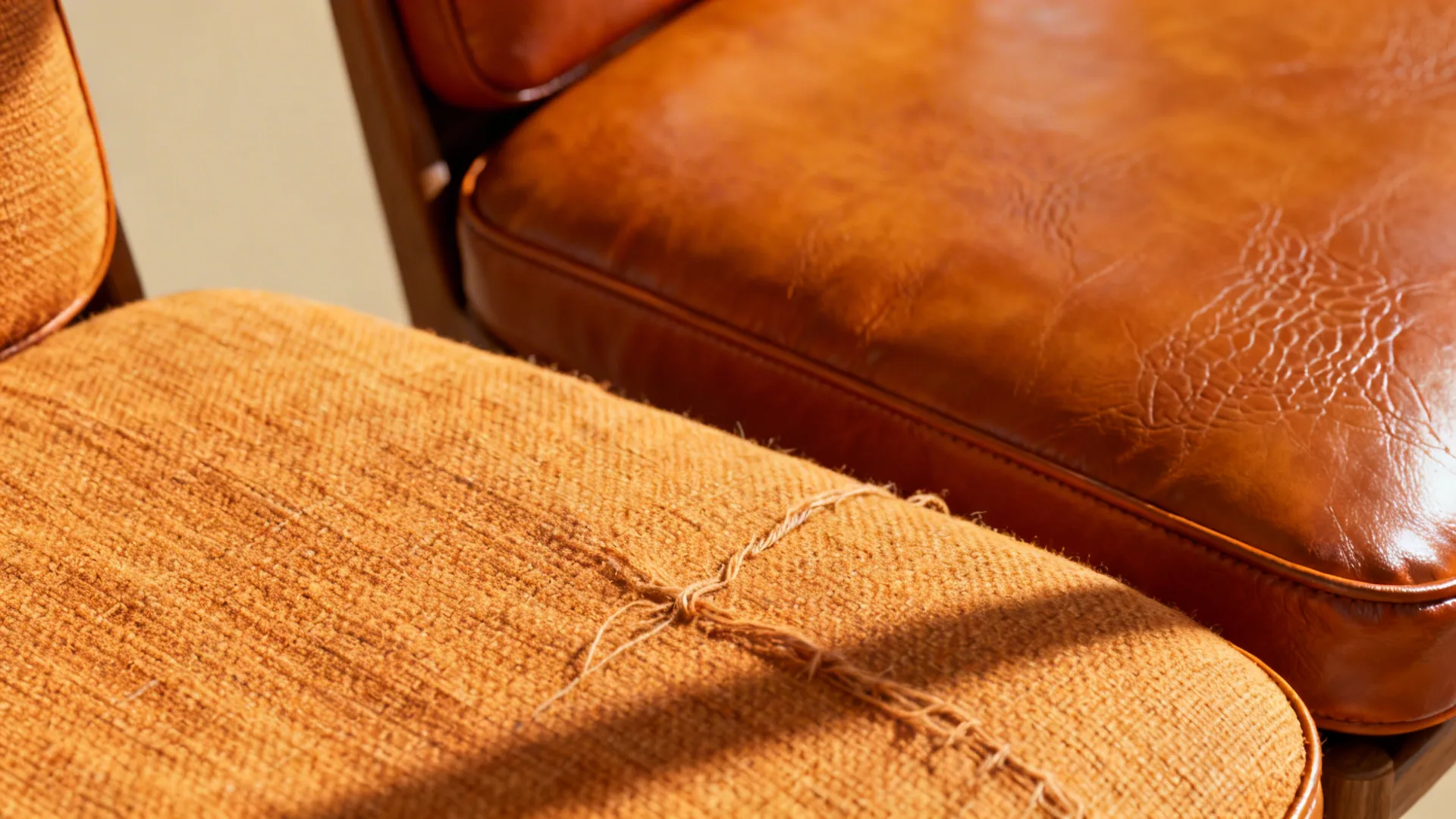 Close-up of linen and leather chairs in the same color showing contrasting textures