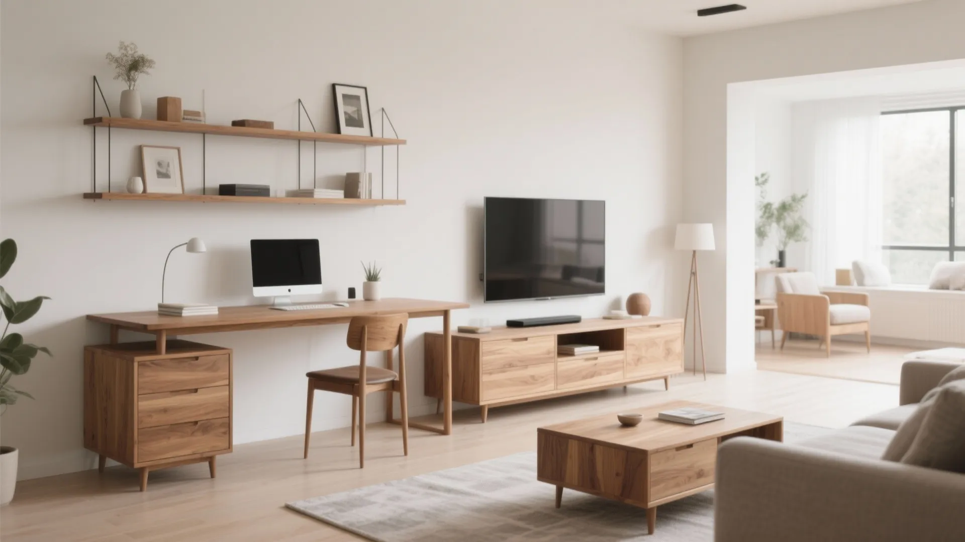 Matching oak veneer desk and media unit in open-plan living room