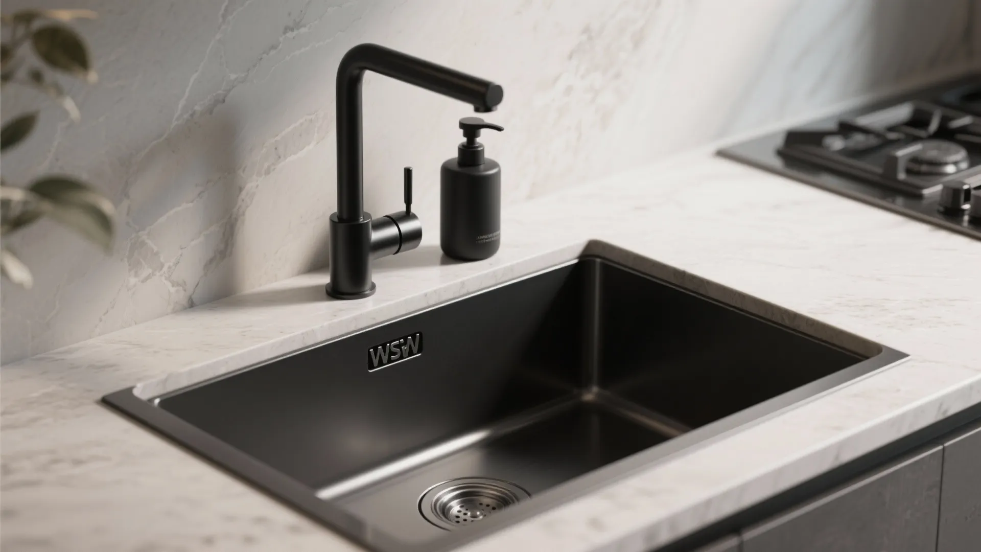 Close-up of a matte black faucet paired with a matching soap pump on a stone countertop.
