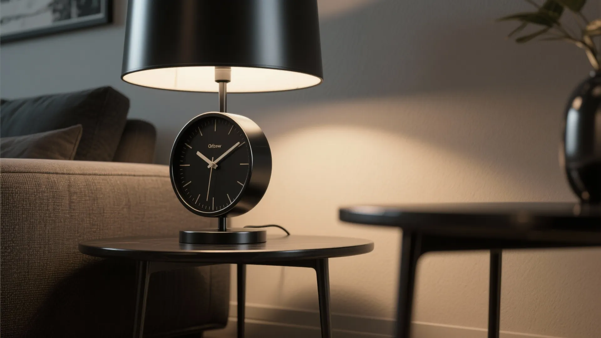 Close-up of matched matte black metal finishes: lamp, table legs, and clock rim.