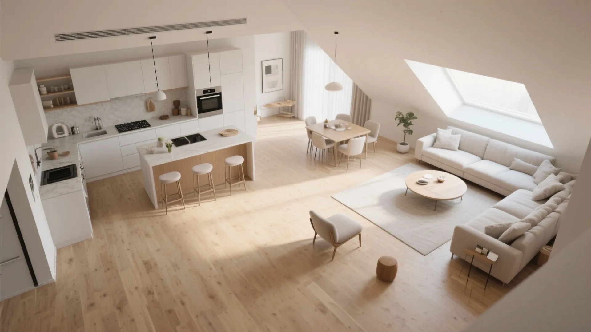 Top-down view showing unified pale wood flooring