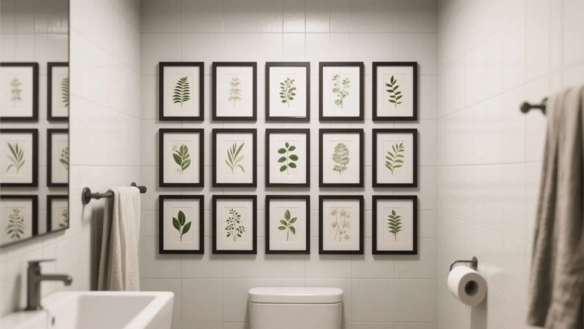 Modern bathroom with grid of fifteen botanical leaf prints on white tiled wall above toilet