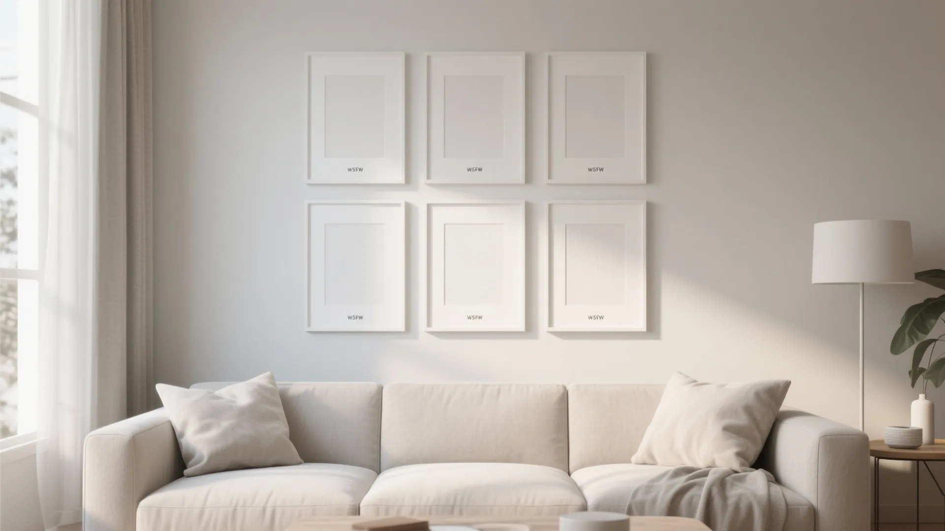 Six symmetrical white picture frames on a wall above a cream sofa in bright room