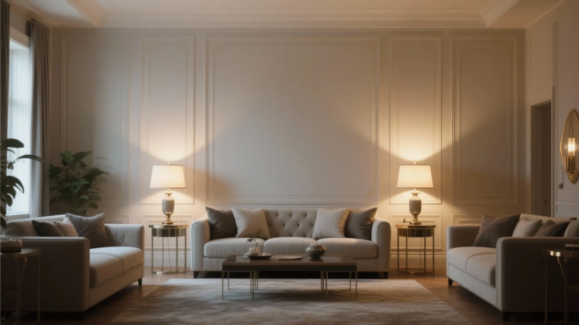 Elegant living room featuring two table lamps on side tables flanking a central cream sofa