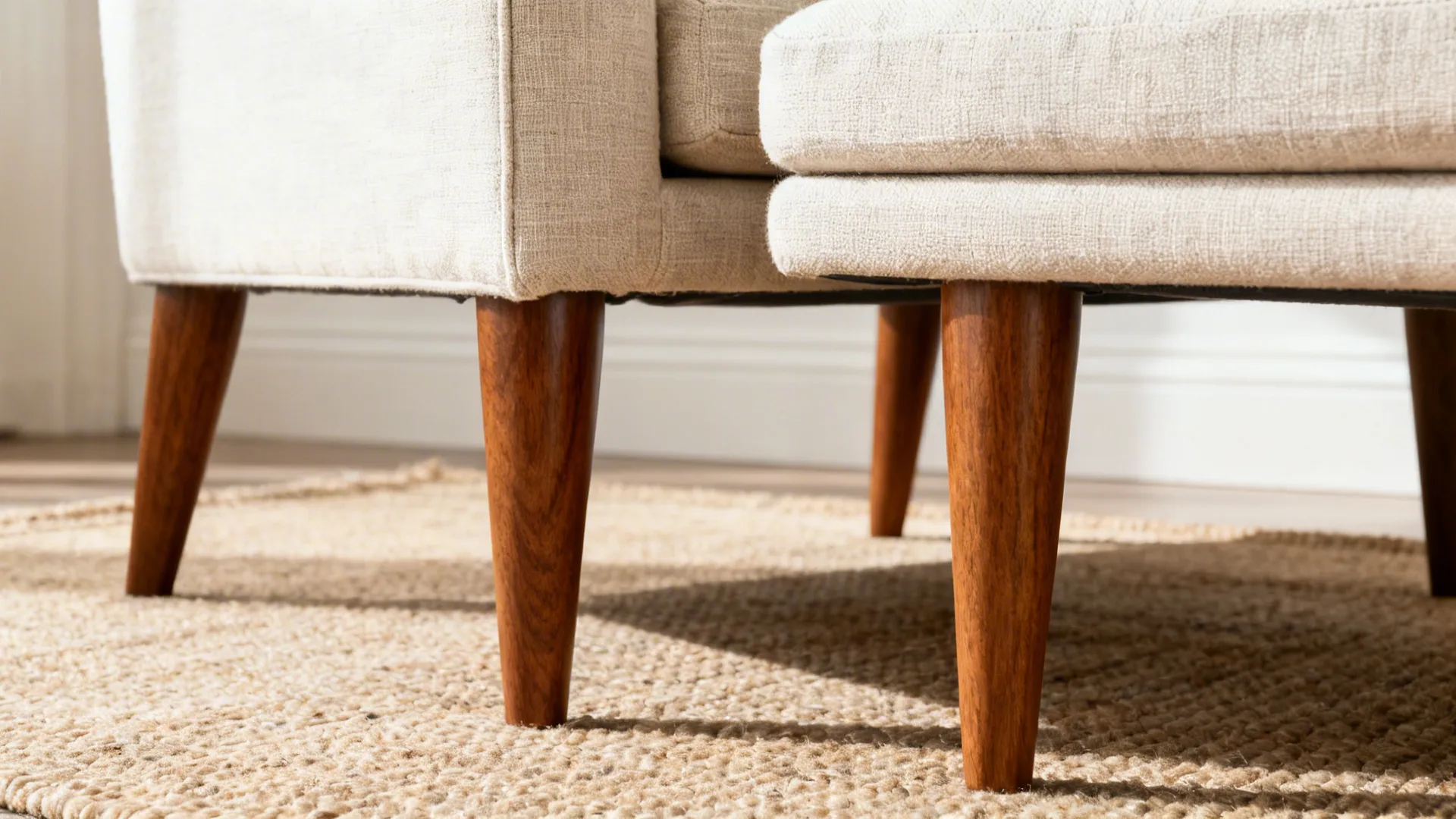 Close-up of matching tapered wood legs on armless settee and slipper chair over a thin rug.