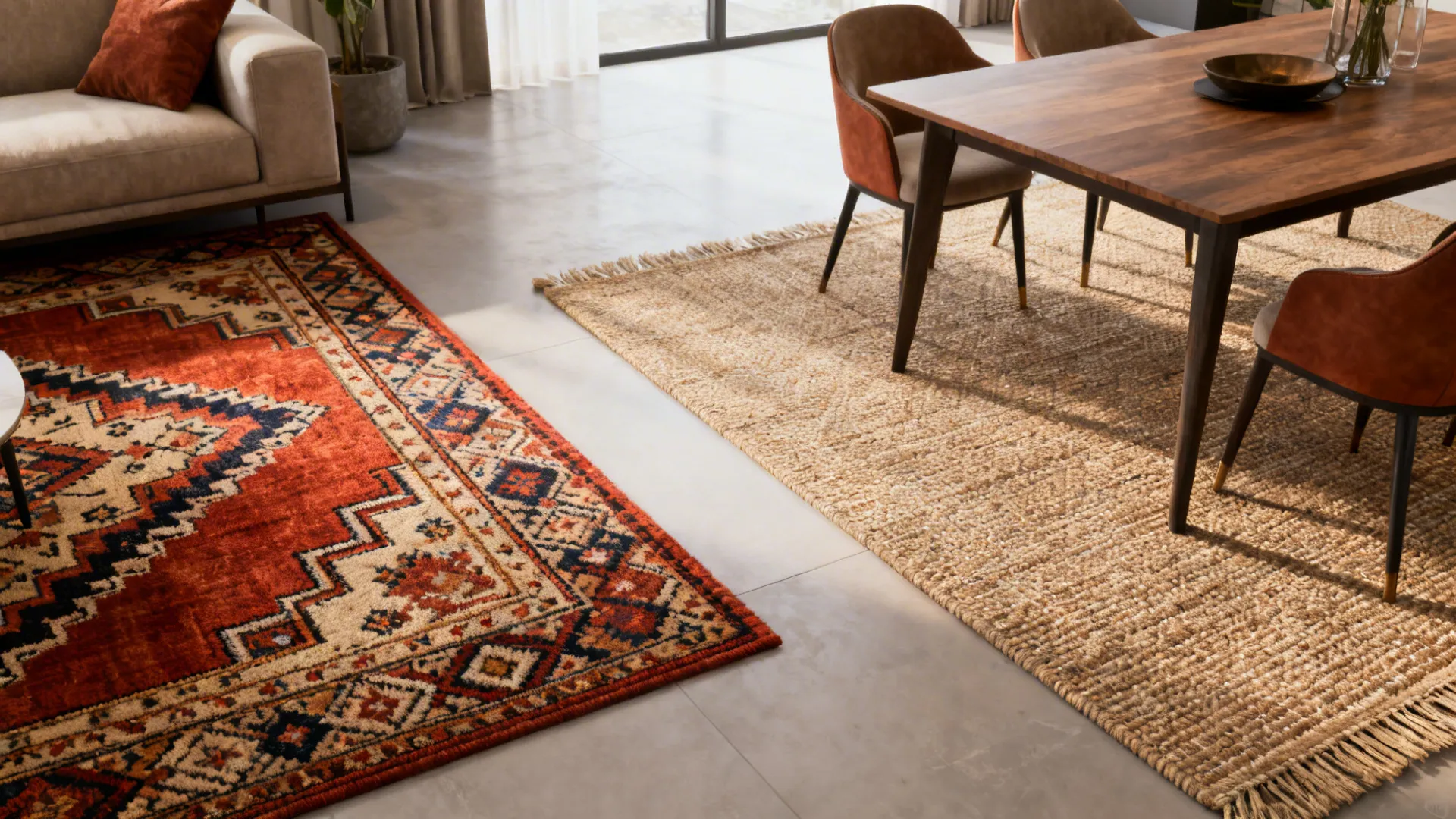 Two different rugs in an open-plan room sharing a color palette to create distinct but harmonious zones.