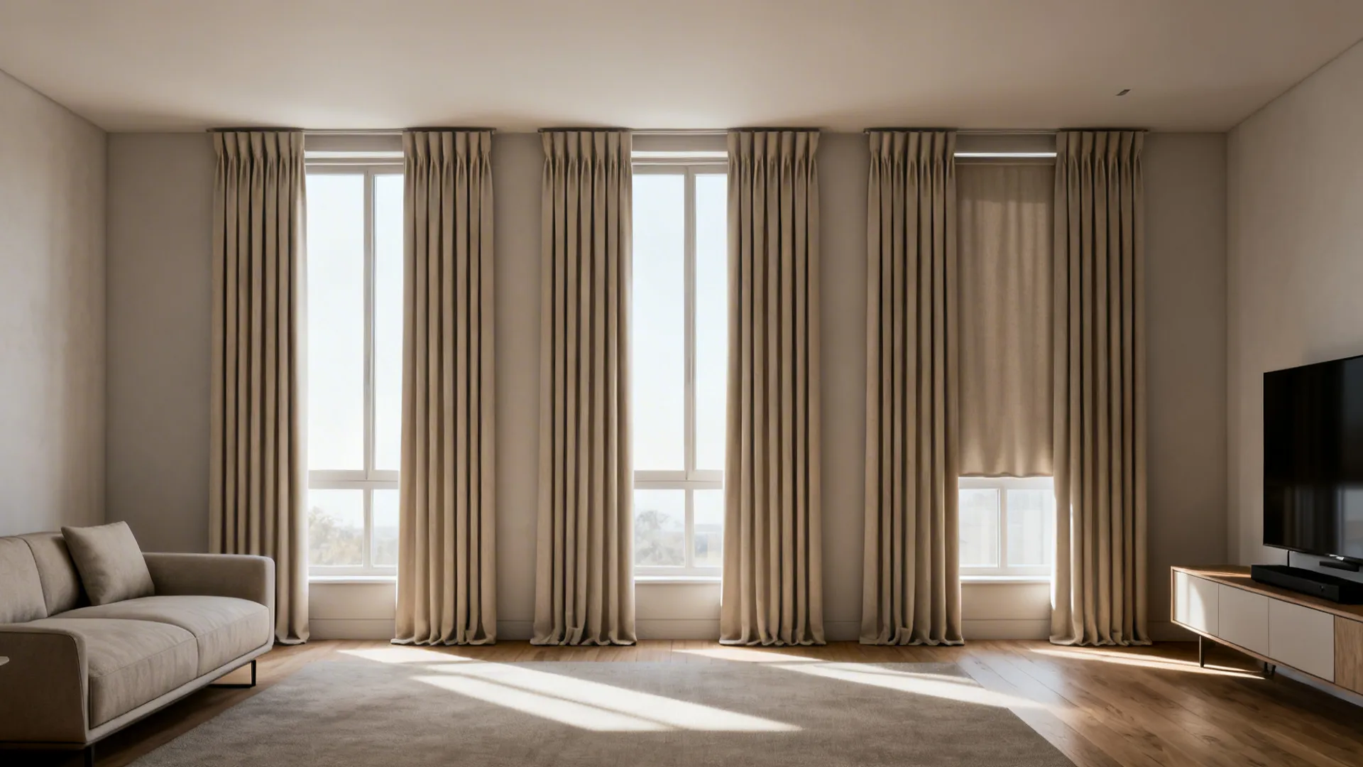 Three windows with identical separate curtain panels allowing independent control while maintaining cohesion.