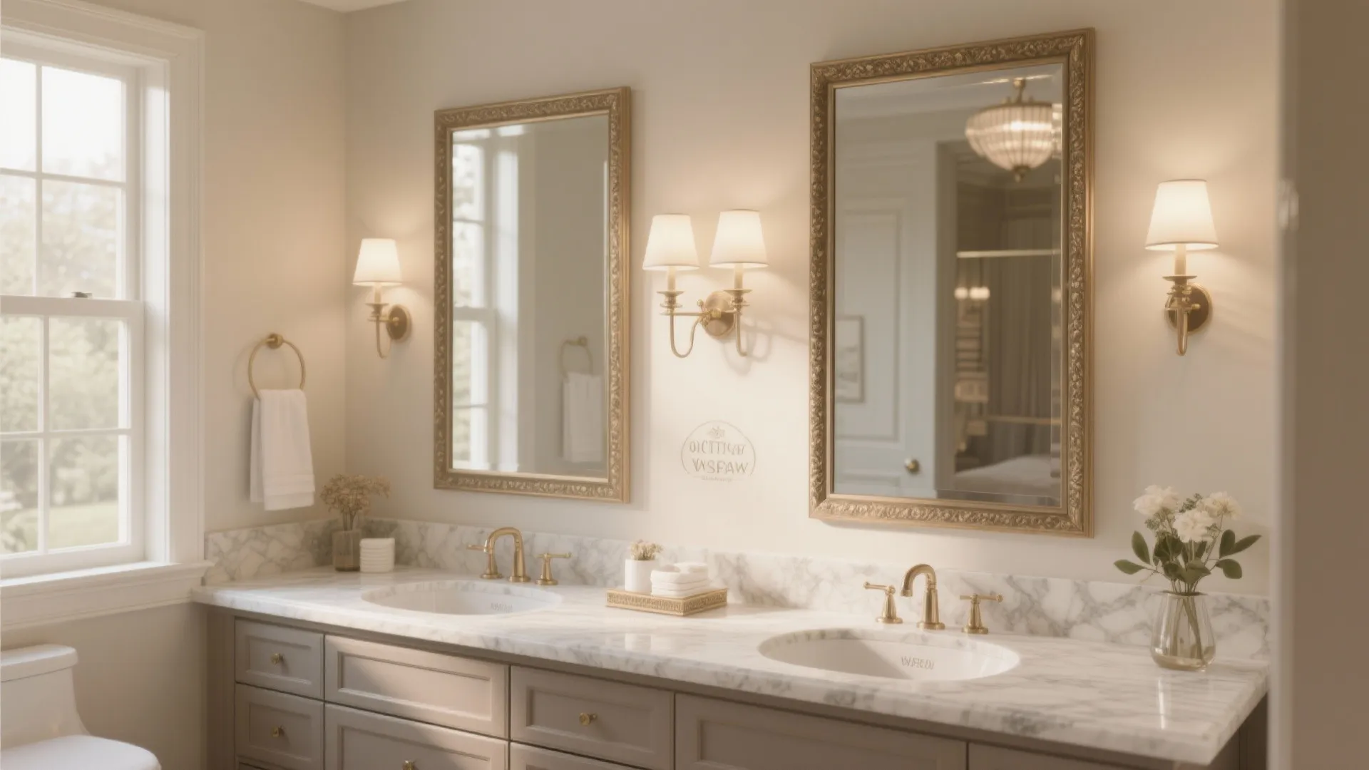 Elegant bathroom featuring two gold framed mirrors with wall light fixtures over a marble cabinet