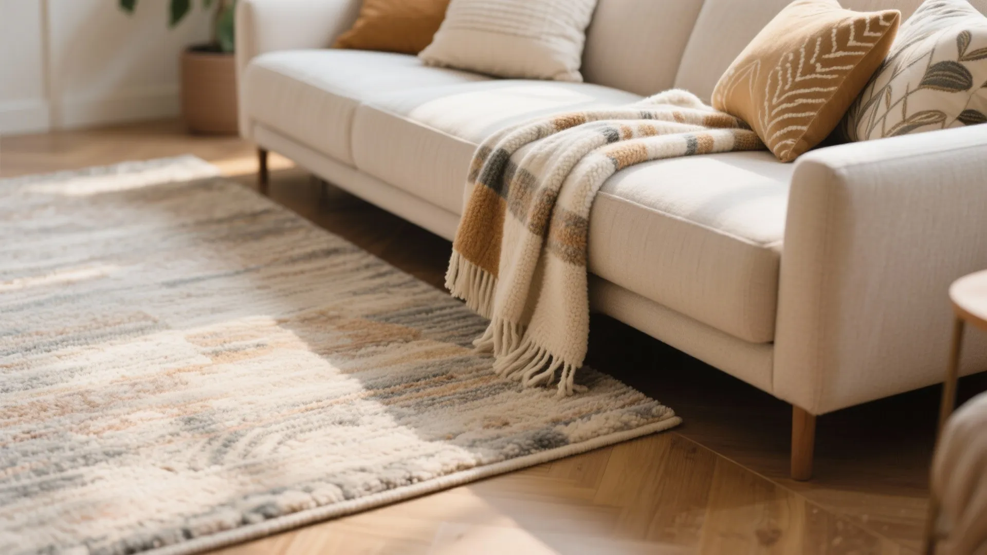White sofa with patterned pillows striped blanket and matching rug placed on light wooden floor