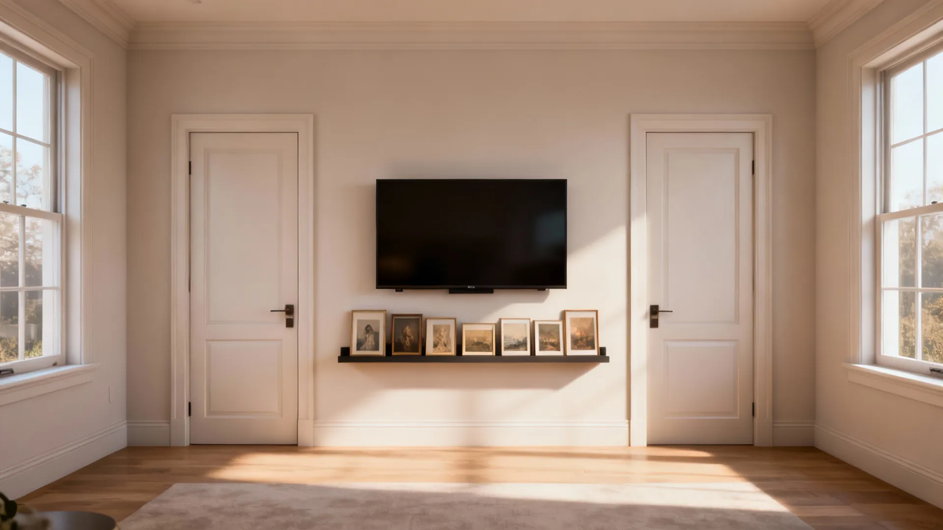 Two matching-scale sofas aligned toward a wall-mounted TV and gallery shelf in a compact living room.