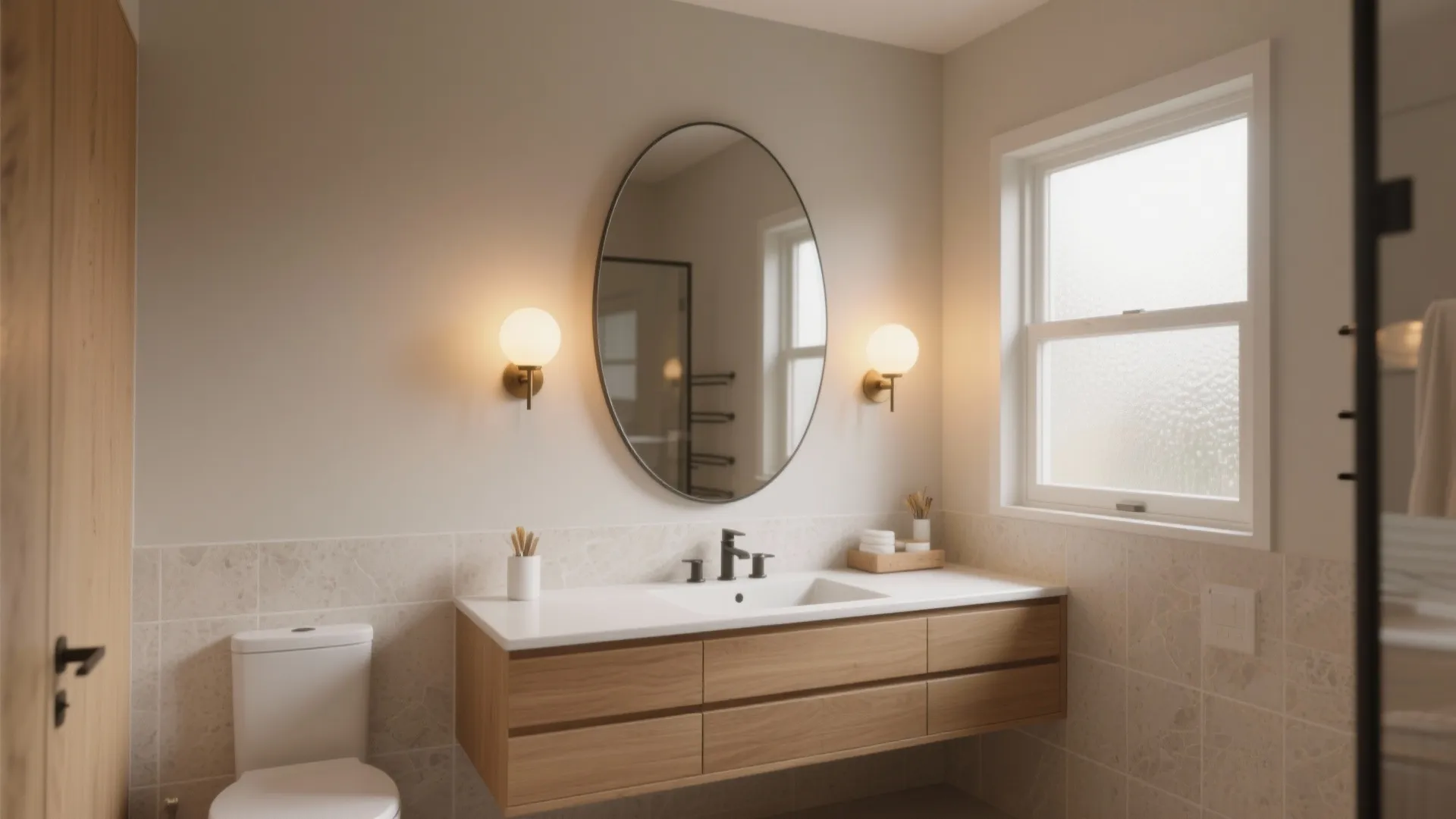 Modern bathroom with wood cabinet white counter oval mirror and two round warm wall lights