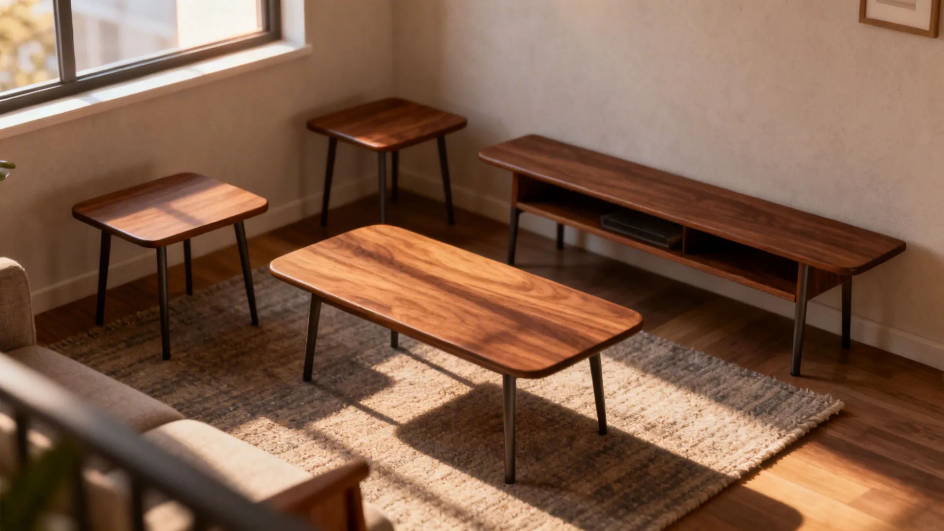 Compact loft with a matching 4-piece table set unifying the space and preserving traffic flow