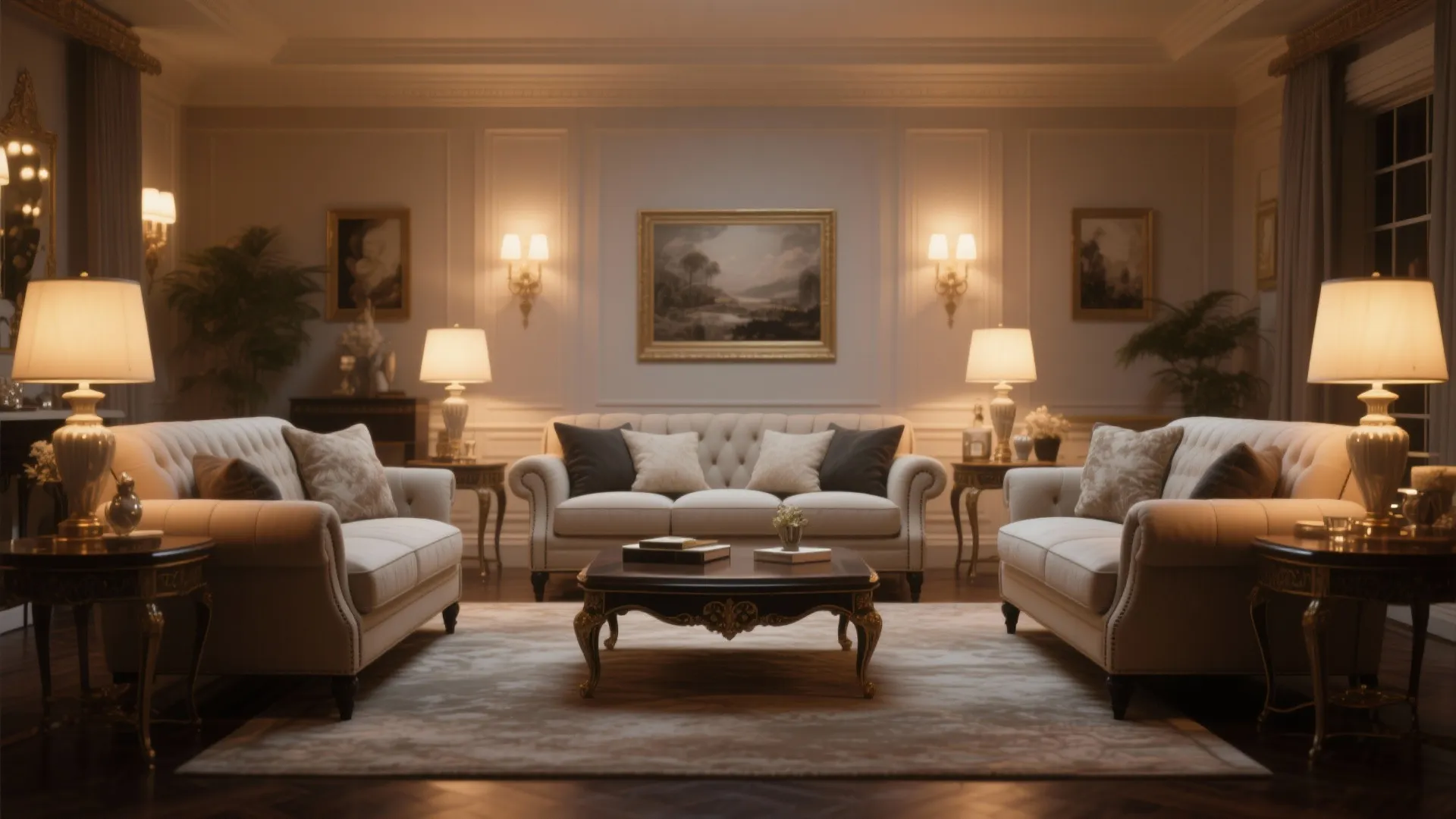 Classic living room layout featuring three matching sofas and table lamps with wall panel details