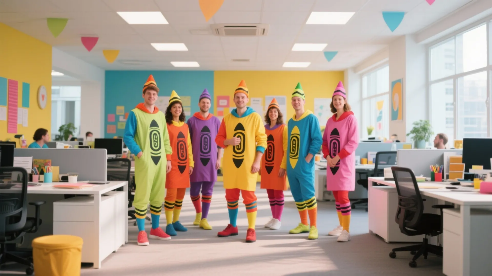 Group of office workers wearing colorful crayon costumes standing in a modern open plan office