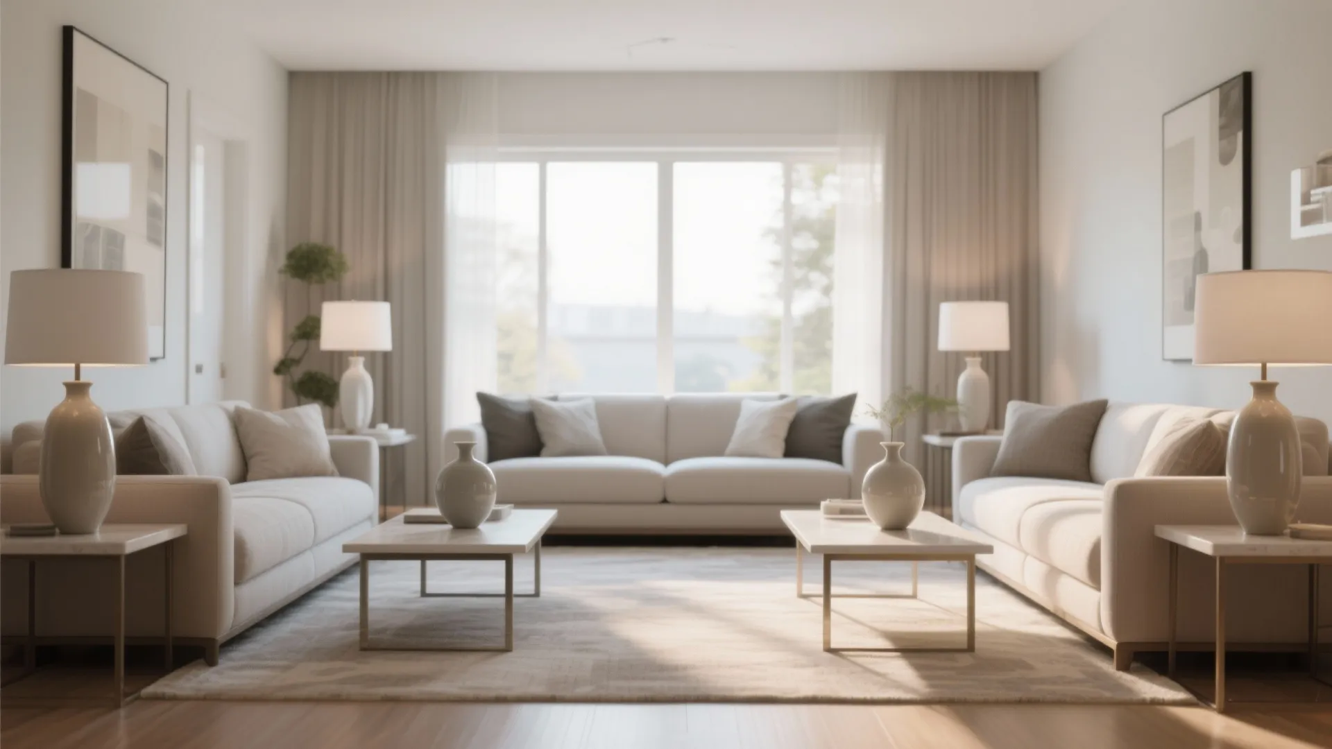 Symmetrical living room design featuring white sofas matching side tables white vases and warm lamps