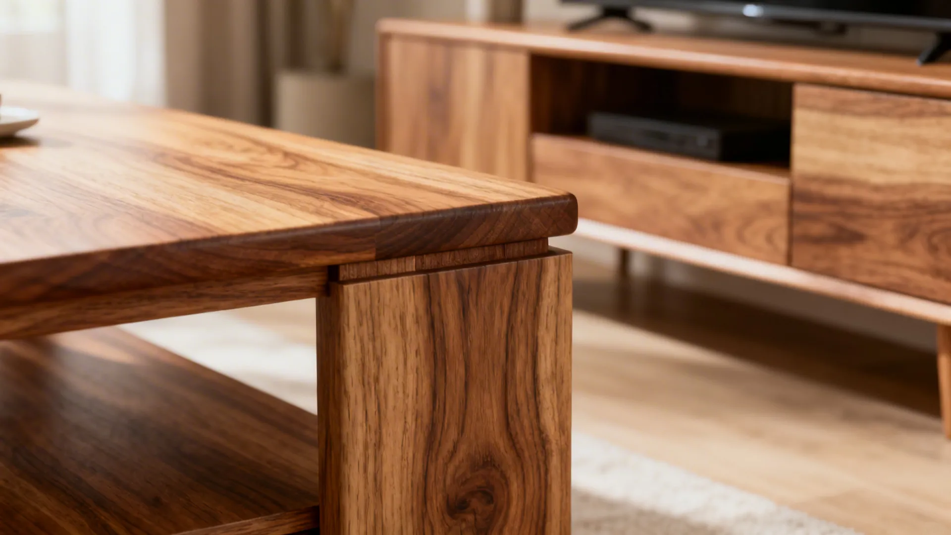Close-up of matching mid-tone wood grain on a coffee table and TV stand showing cohesive finish.
