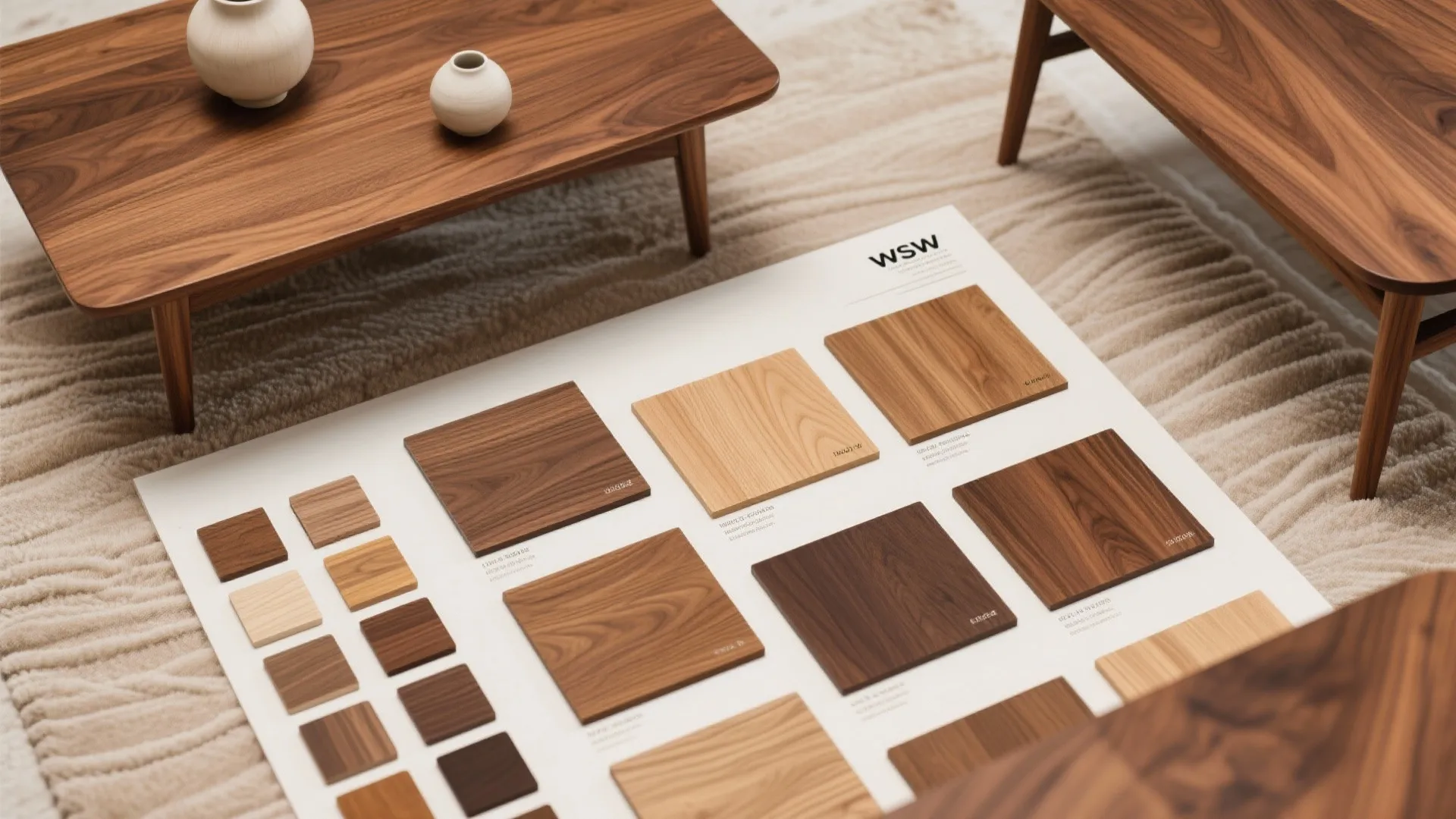 Various wood material samples displayed on a white board with matching wooden tables and carpet