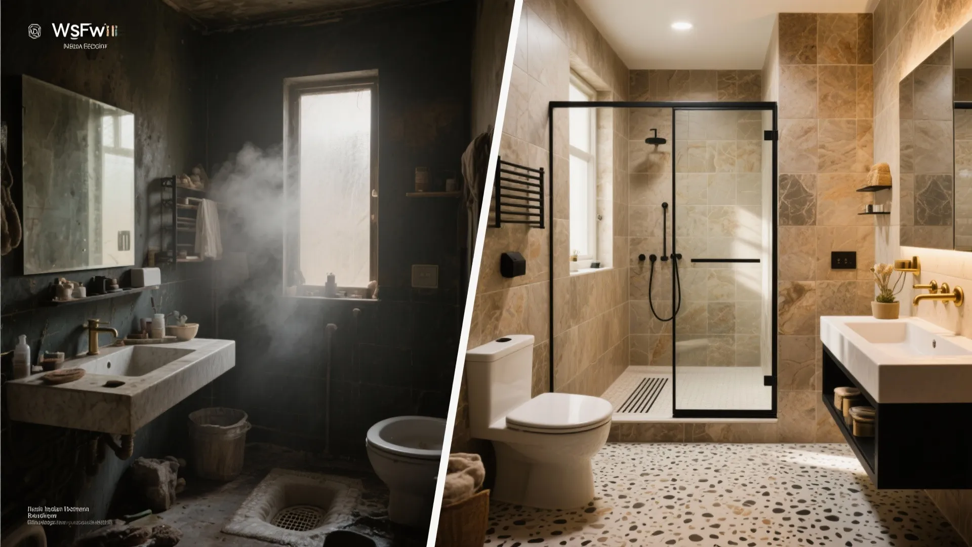 Before-and-after of a compact bathroom transformed with warm tiles, glass partition, linear drain, and brighter light.