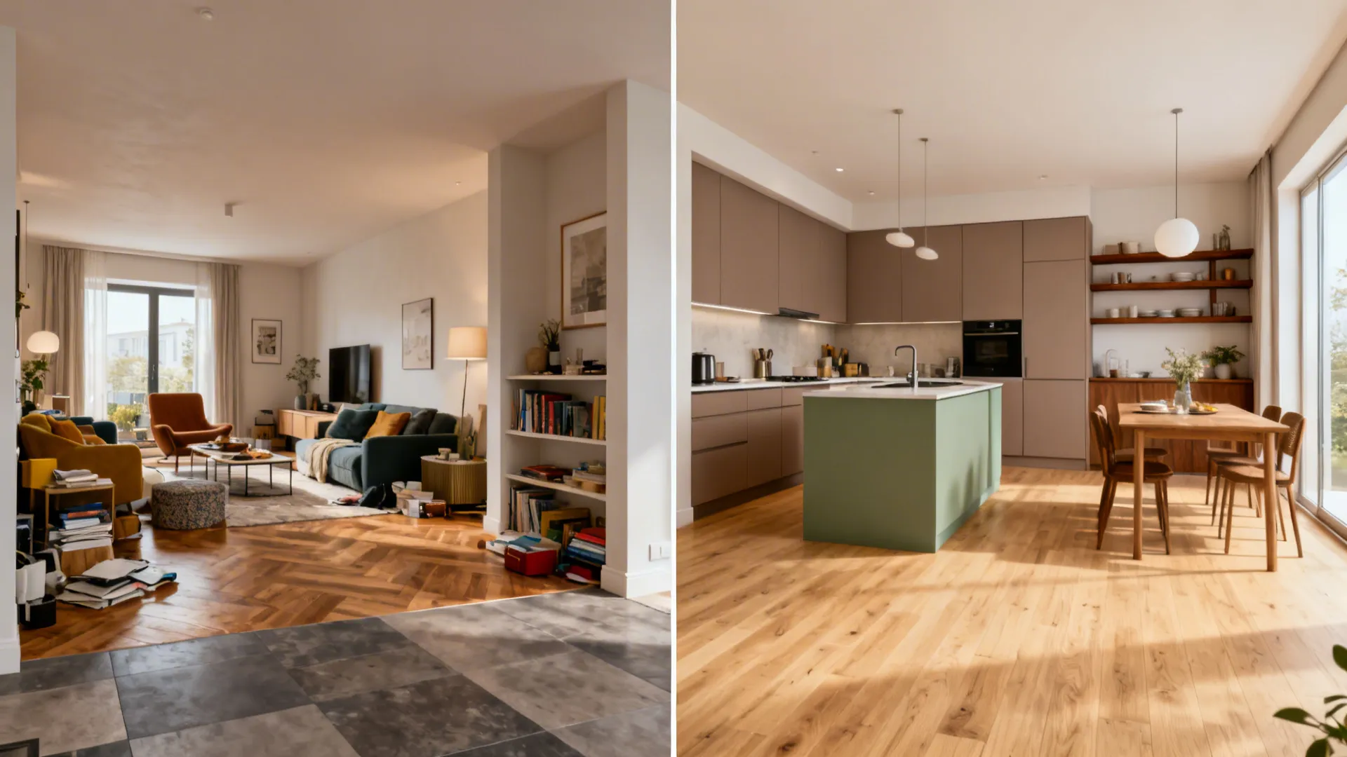 Before and after comparison of a messy living room and a clean modern kitchen dining space