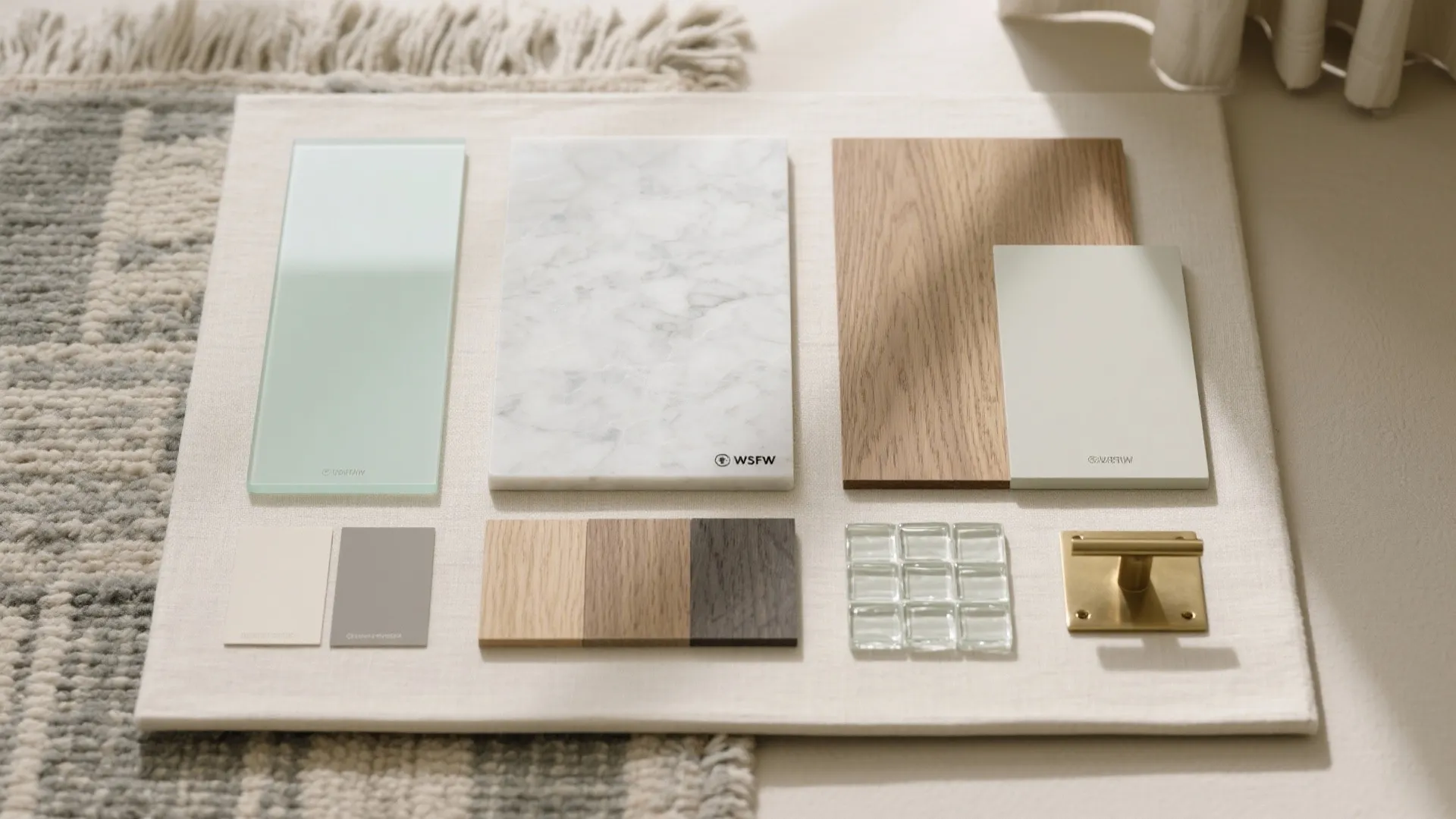 Interior design material board with wood samples marble tile glass pieces and gold hardware on fabric