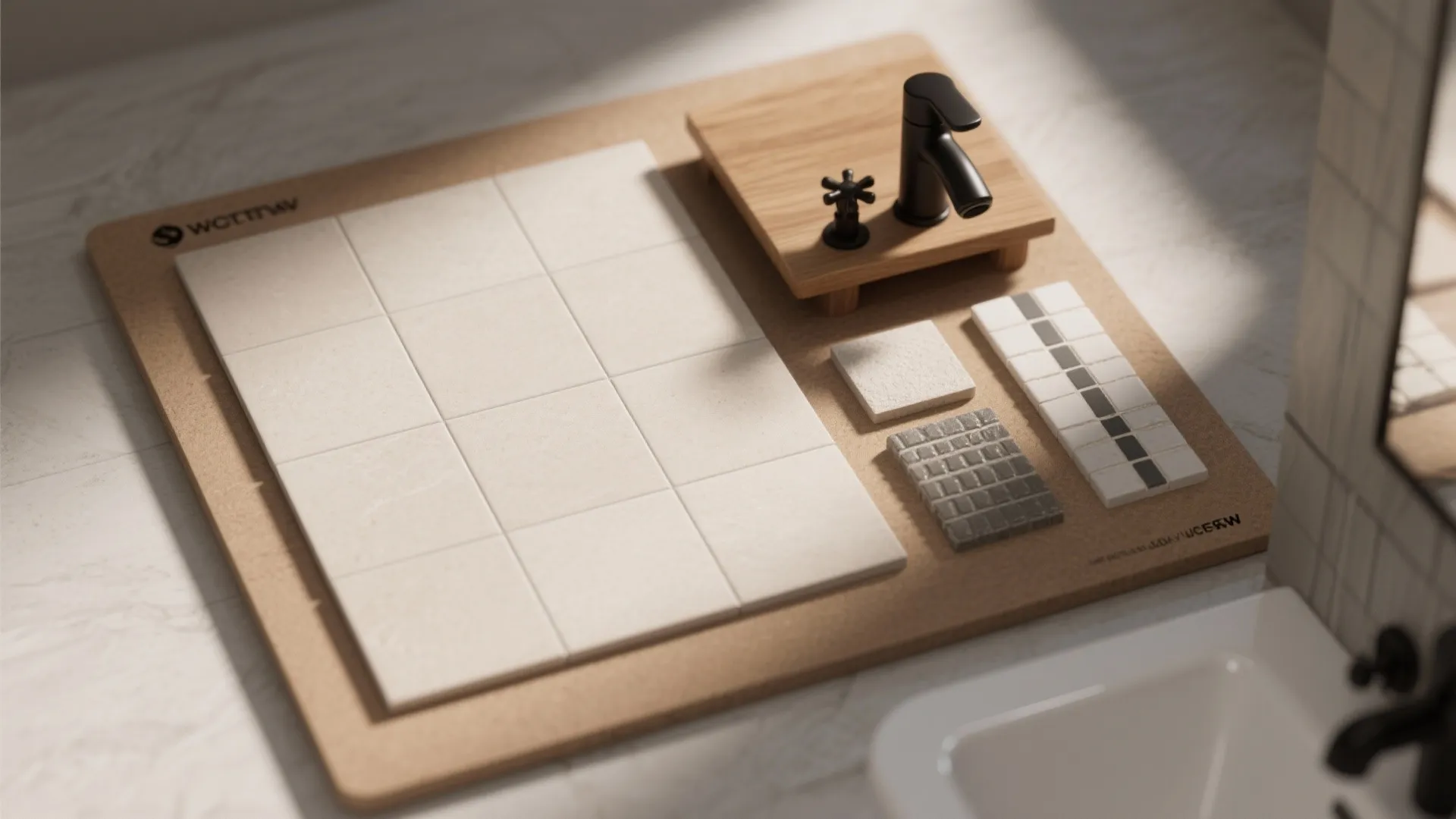 Material board with light neutral tiles, wood shelf, and matte black fittings for a small bathroom