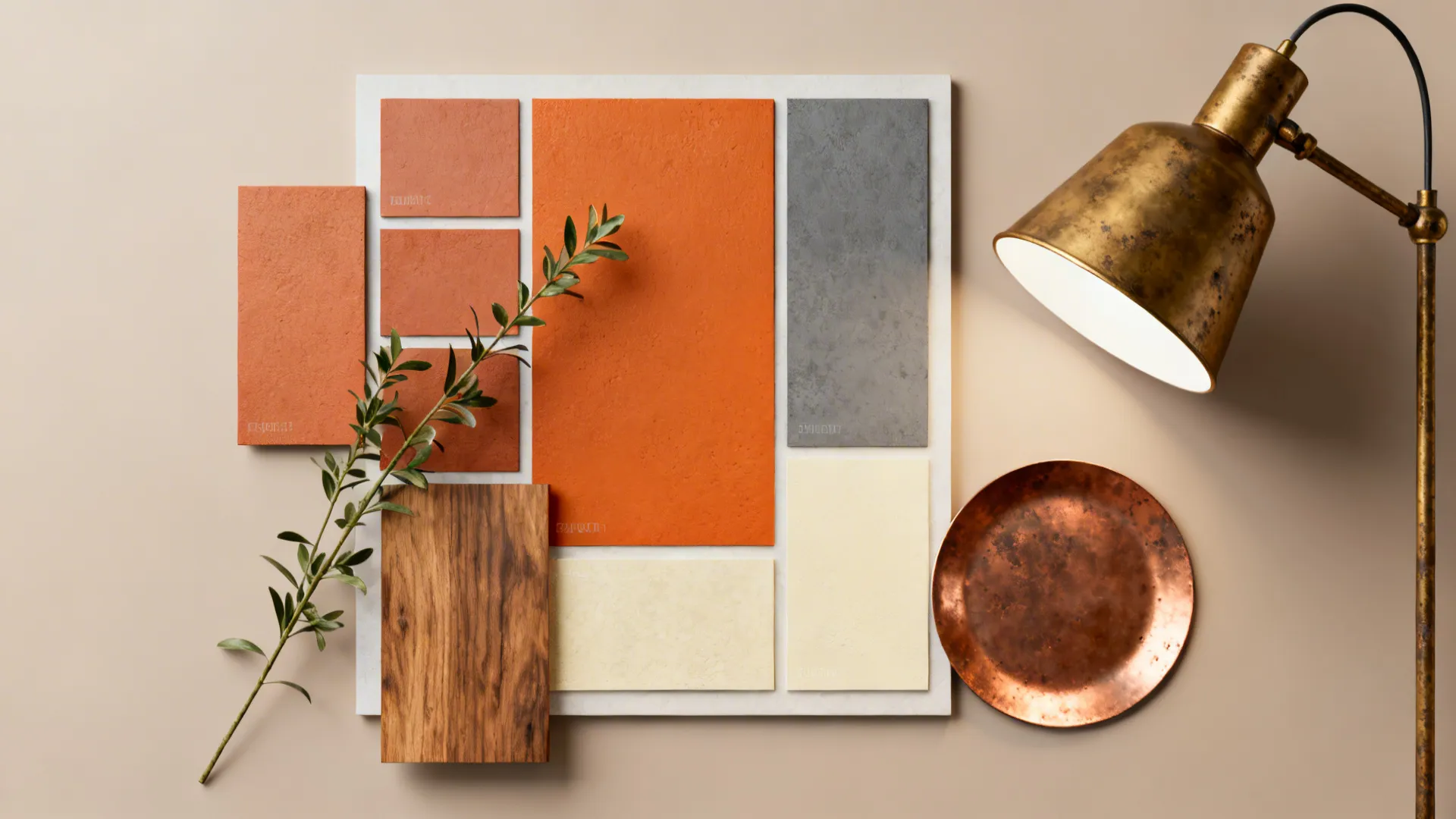 Material and color board with terracotta, warm gray, cream swatches and metal accents