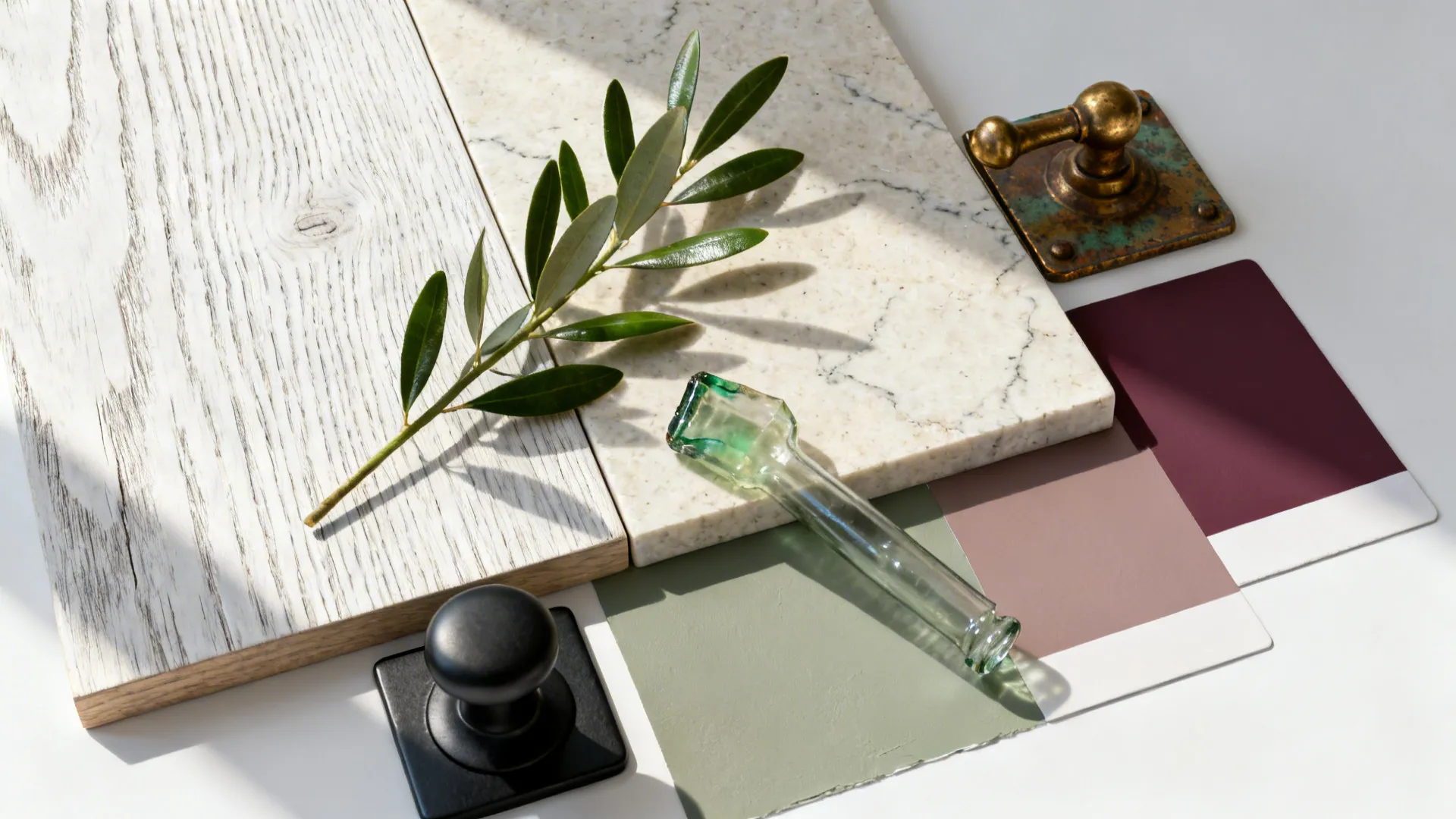 Flat-lay of oak, limestone-look quartz, aged brass, and merlot-sage chips.