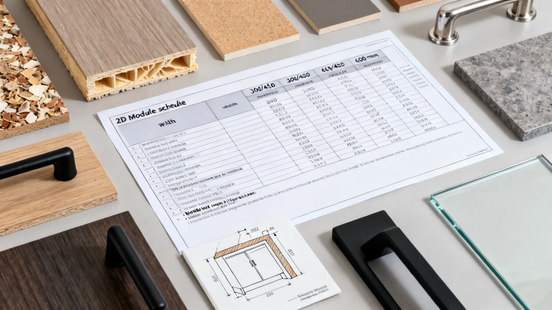 Flat lay with a 2D module schedule, standard widths, hardware choices, and finish samples aligned to modules.