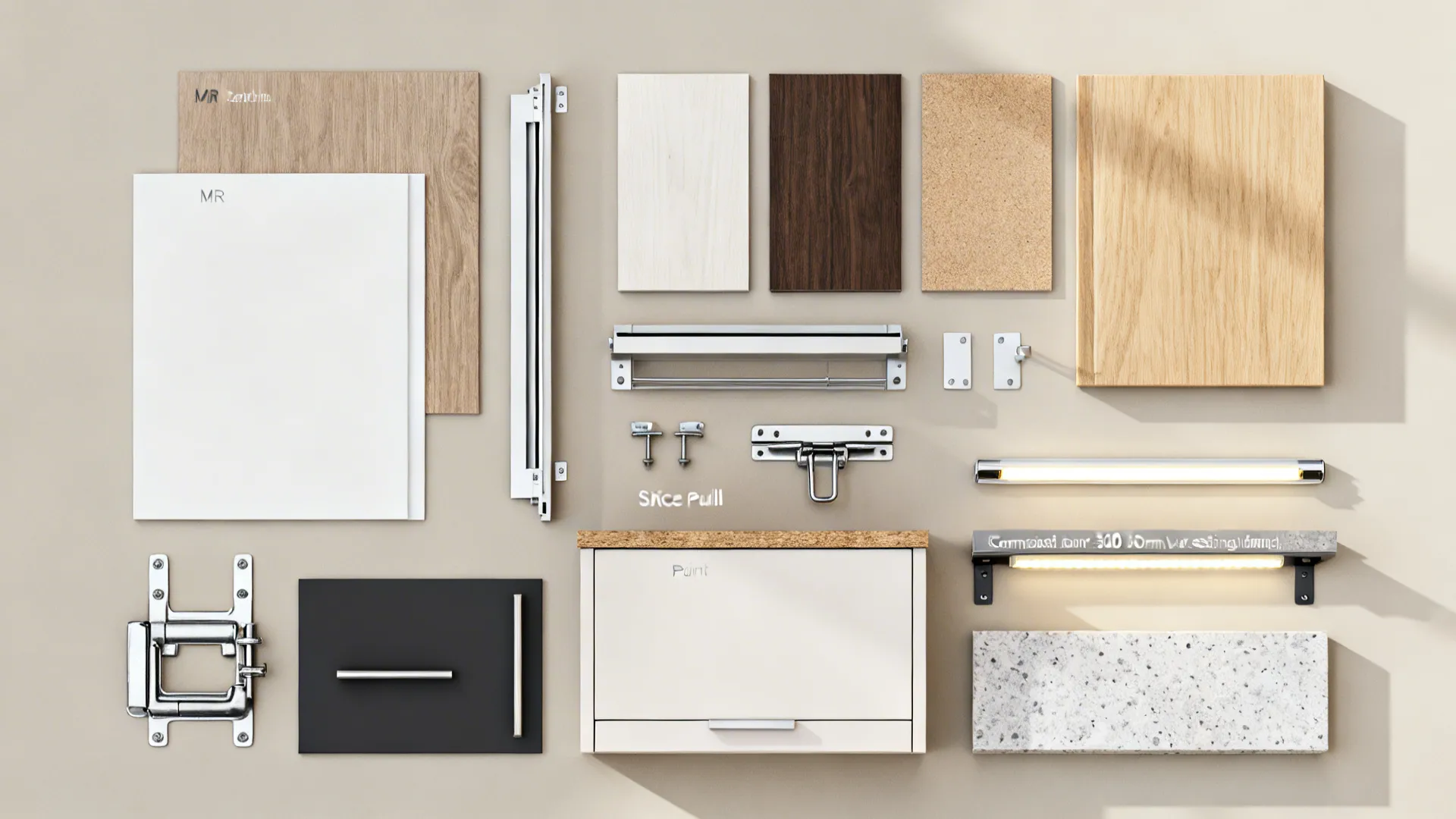 Flat-lay of cabinet materials, hardware, and worktop options suited to small-kitchen budgets.