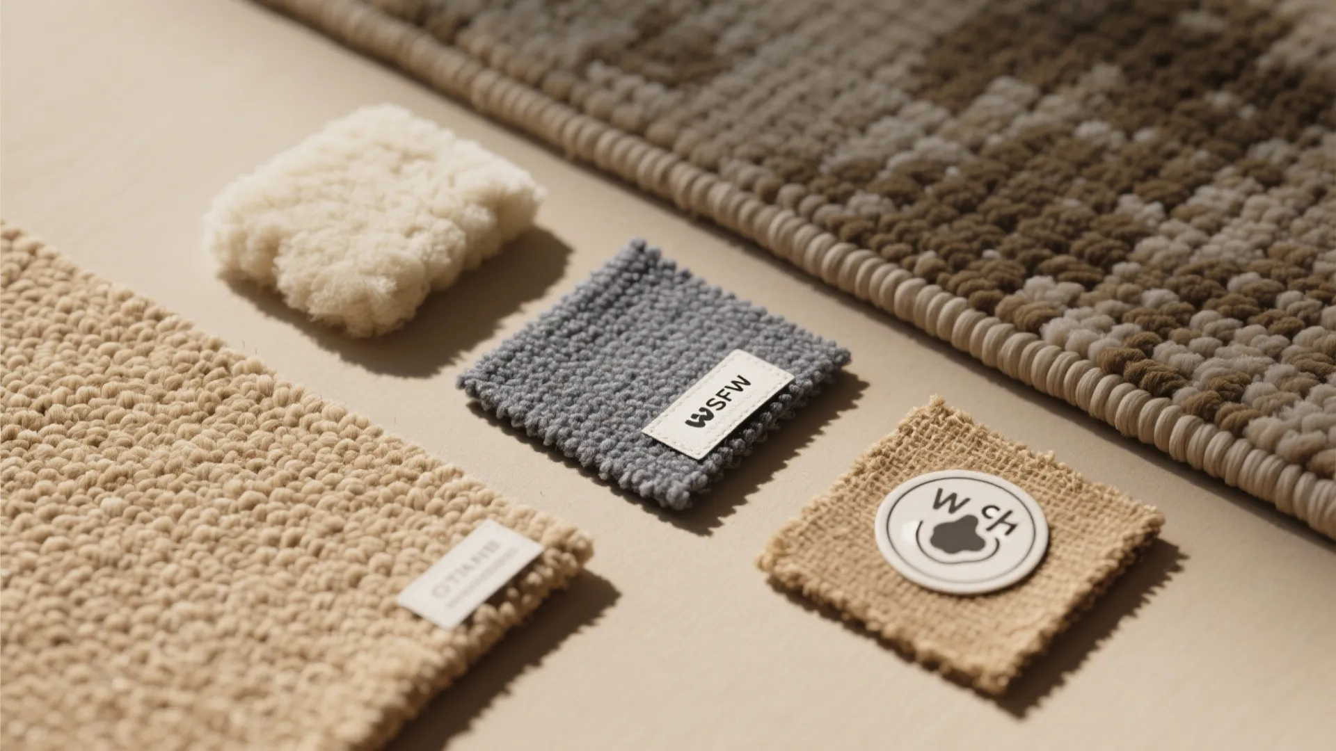 Close up view of various soft fabric rug samples in beige white grey and brown