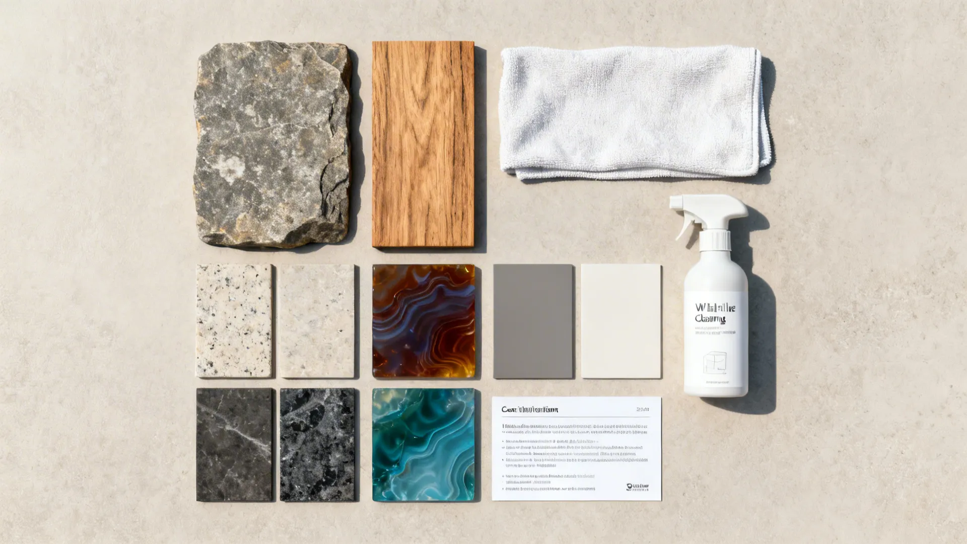 Flatlay of material samples and care items for Buddha statues