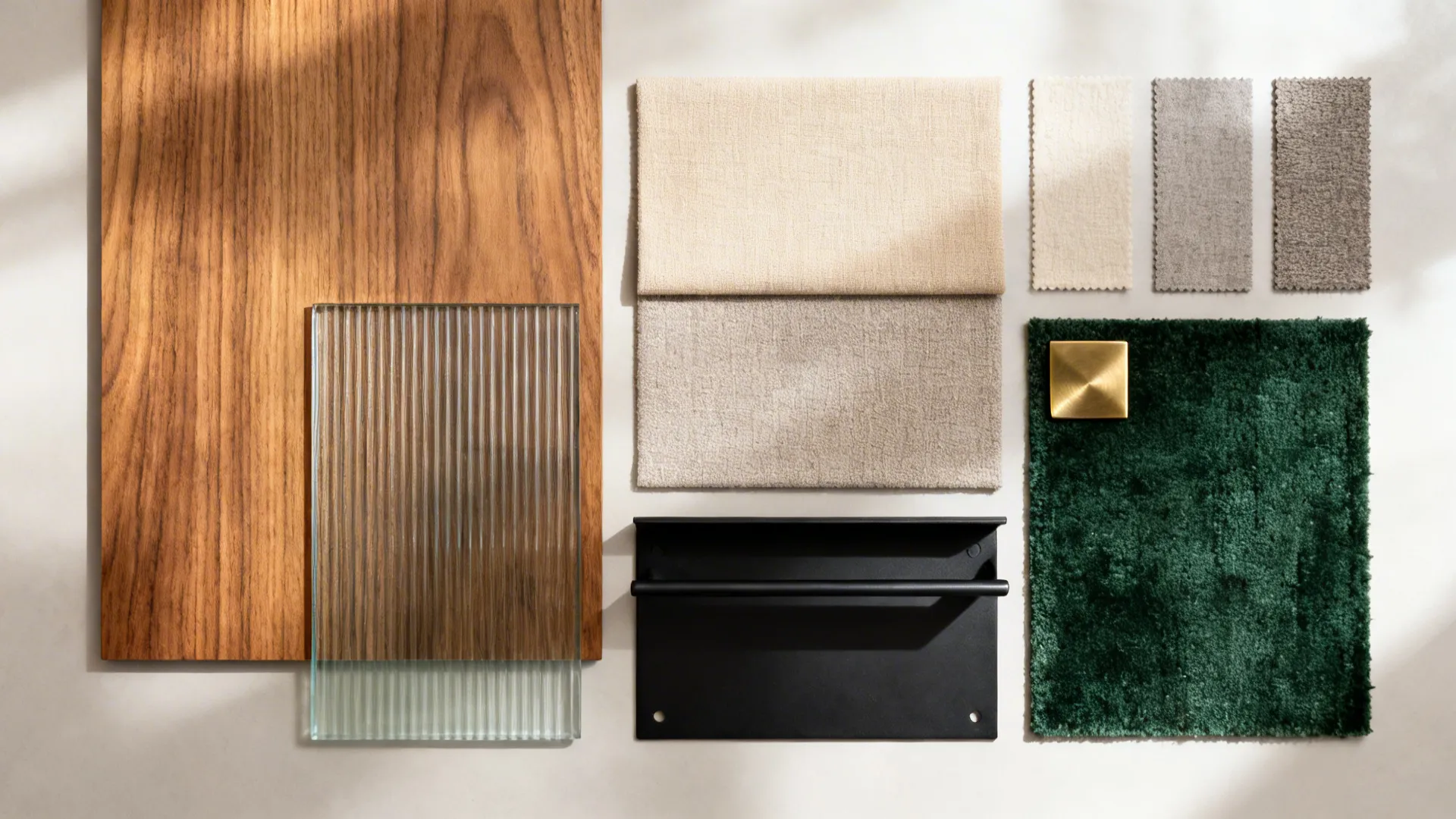 Material flatlay with warm oak, neutral fabrics, ribbed glass, black metal, brass, and deep green rug swatch.