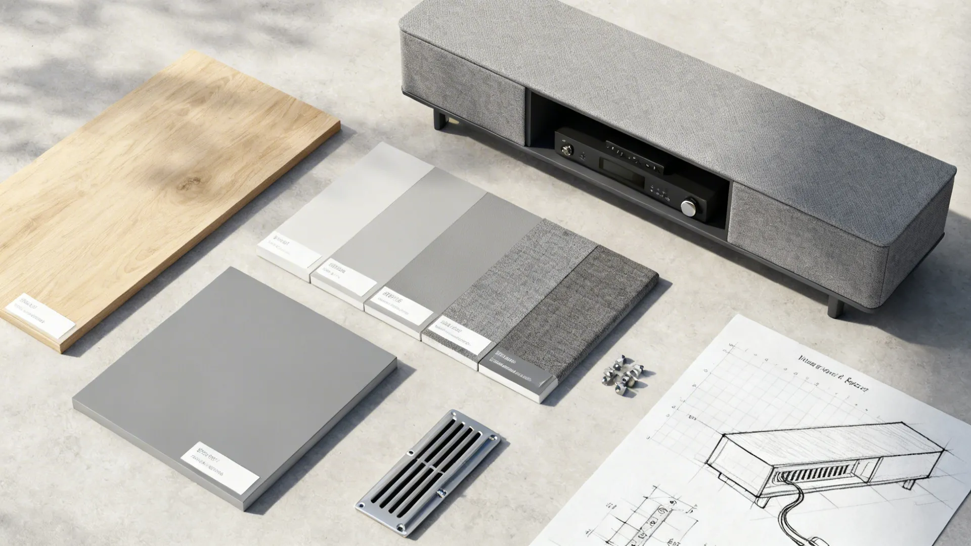 Flatlay of material swatches, ventilation sketch and cable race components for media centers