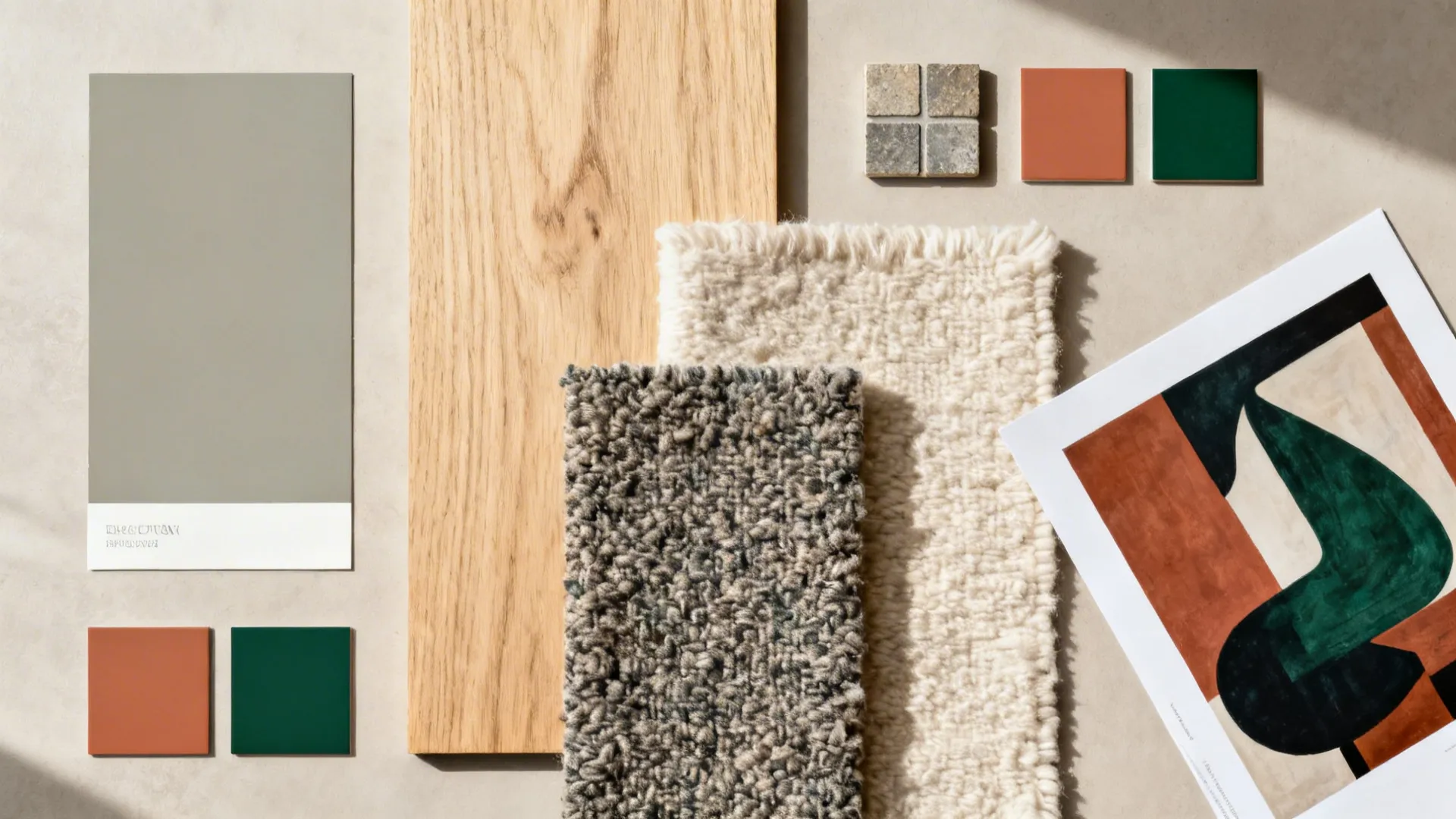 Flatlay of greige paint, light oak sample, wool and bouclé swatches, and accent color chips for a modern living room.