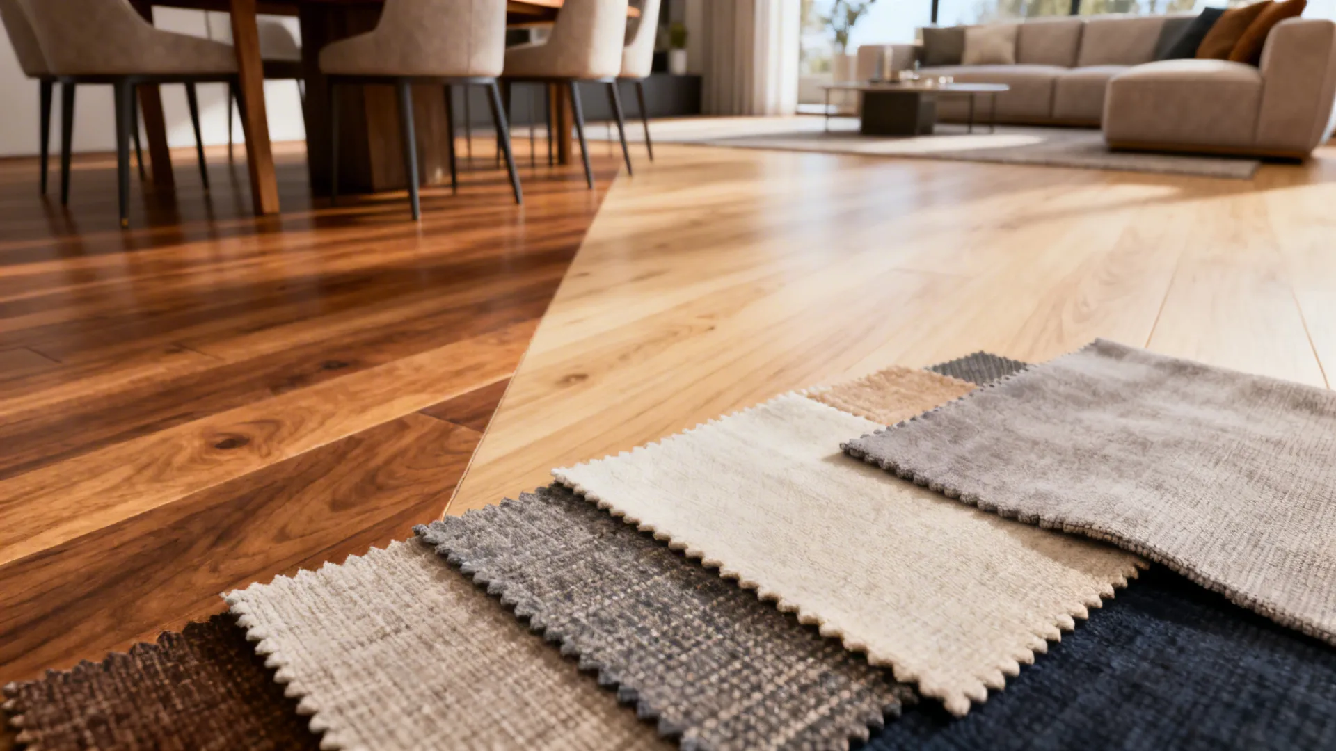 Close-up of complementary wood flooring and upholstery color shifts defining zones