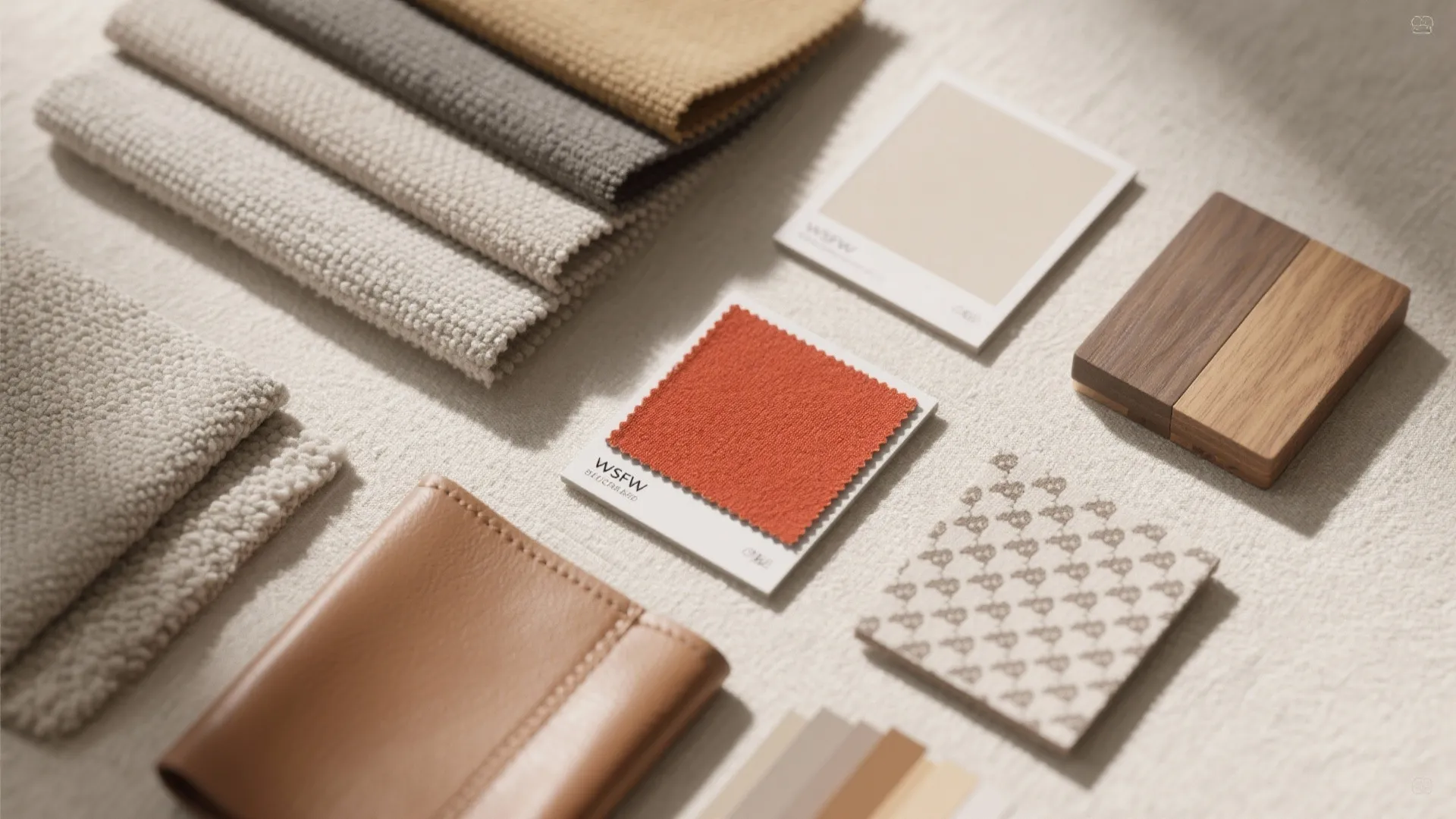 Top-down flatlay of fabric swatches, wood and paint chips showing light neutrals and one bold accent for small rooms.