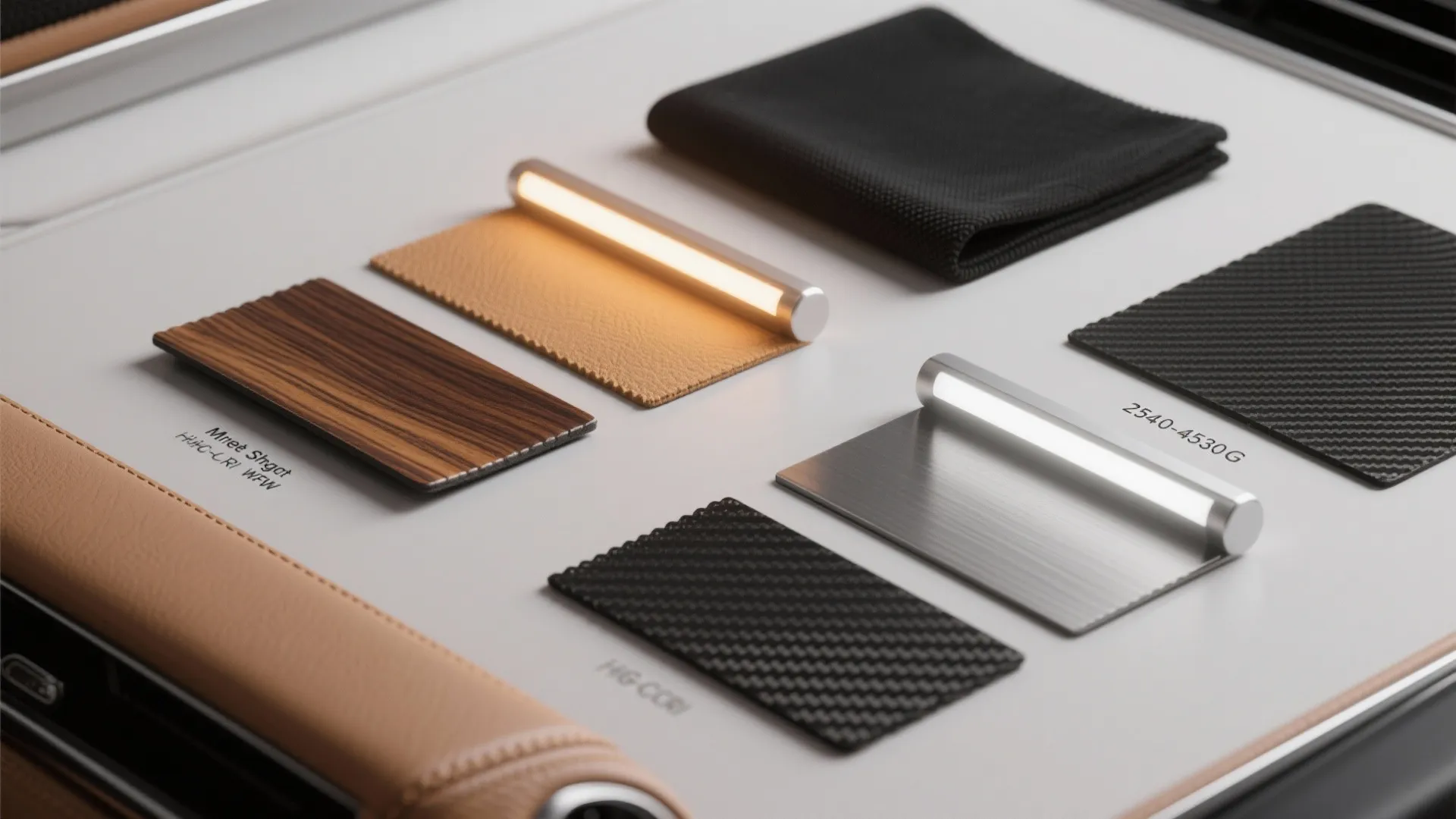 Material samples including wood and fabric displayed with warm and cool small light fixture surface