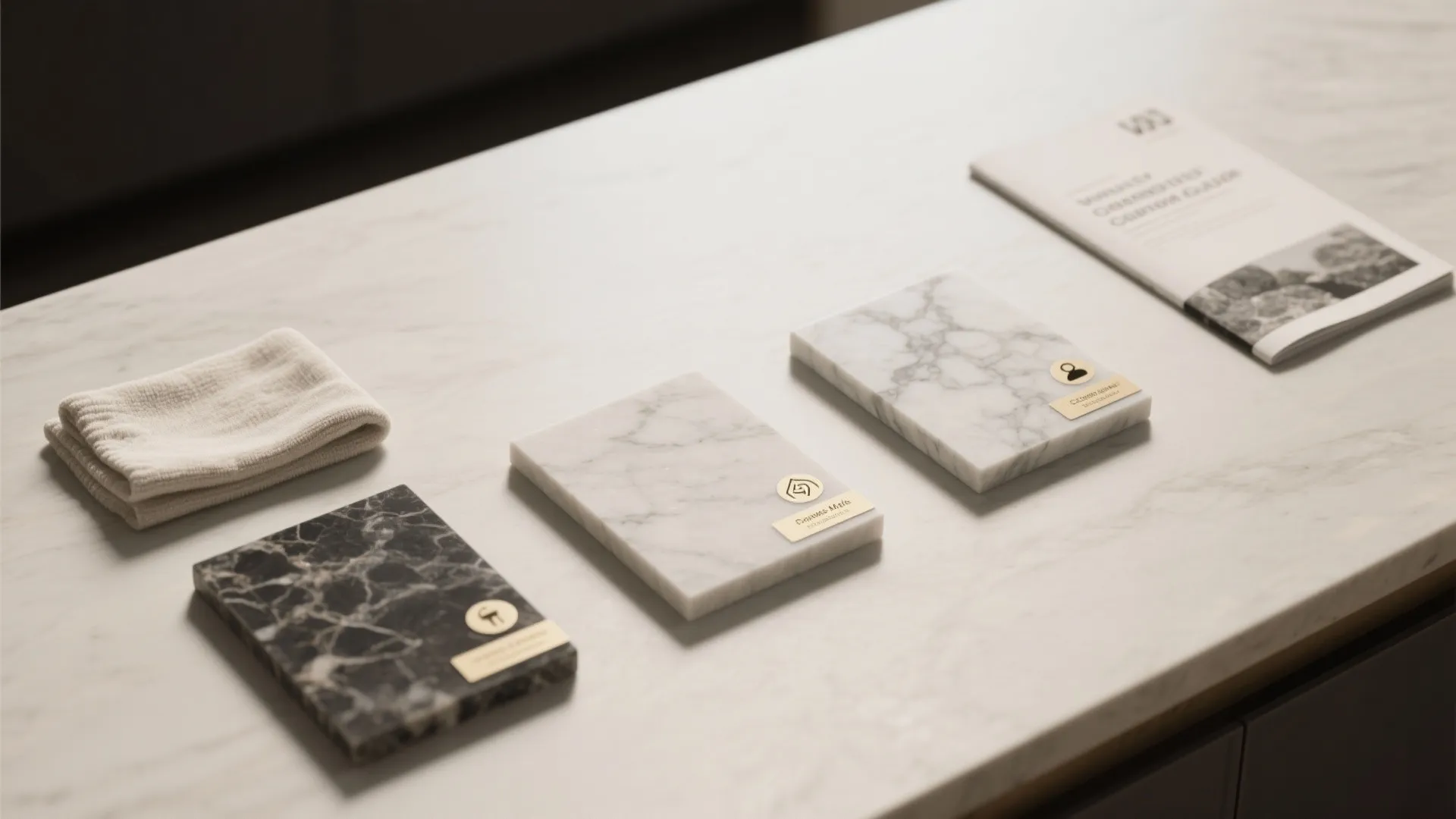 Different marble material samples placed on a white table with a small towel and paper
