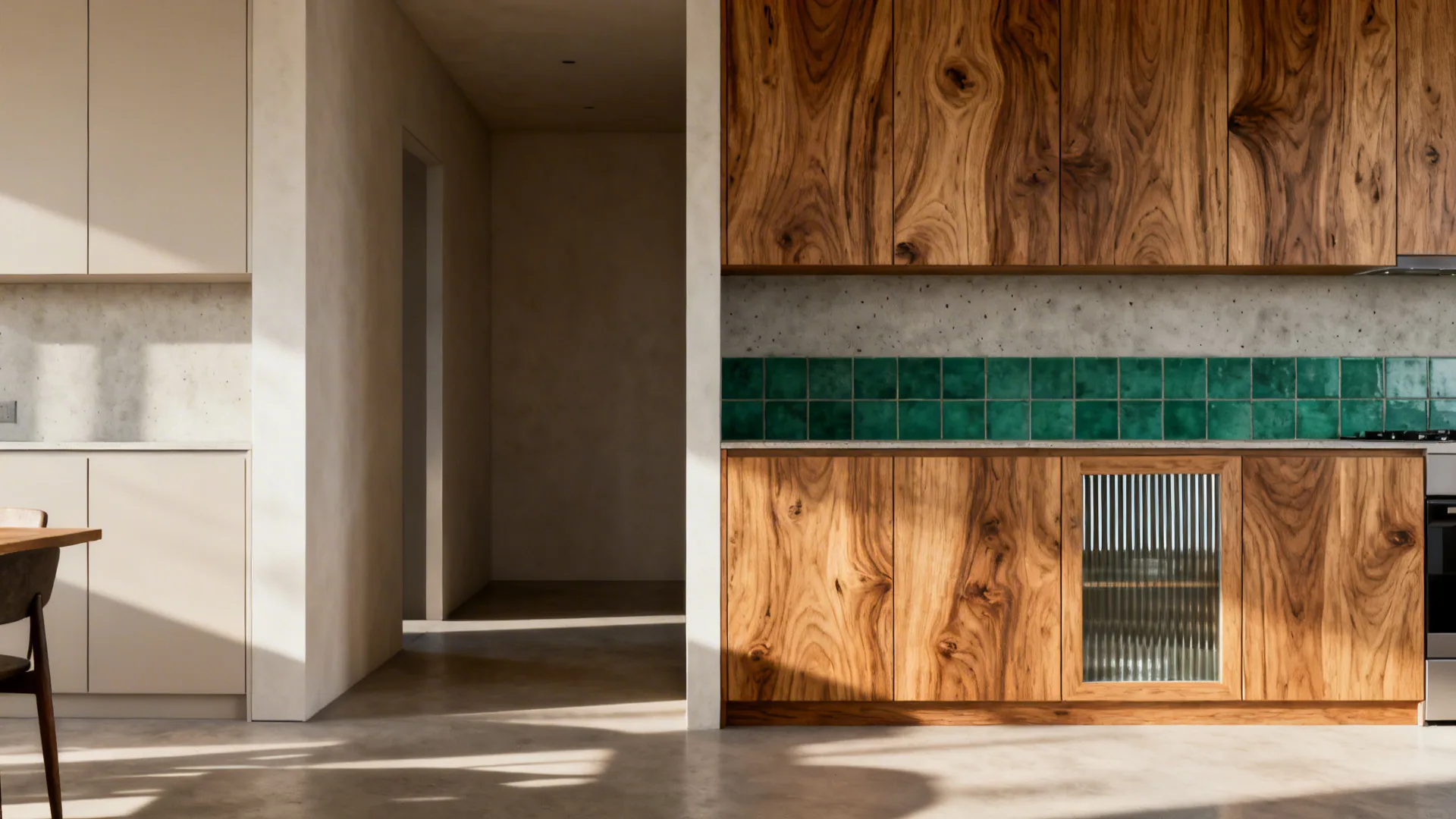 Before and after comparison showing realistic oak, microcement, and emerald tile mapping in a compact kitchen.
