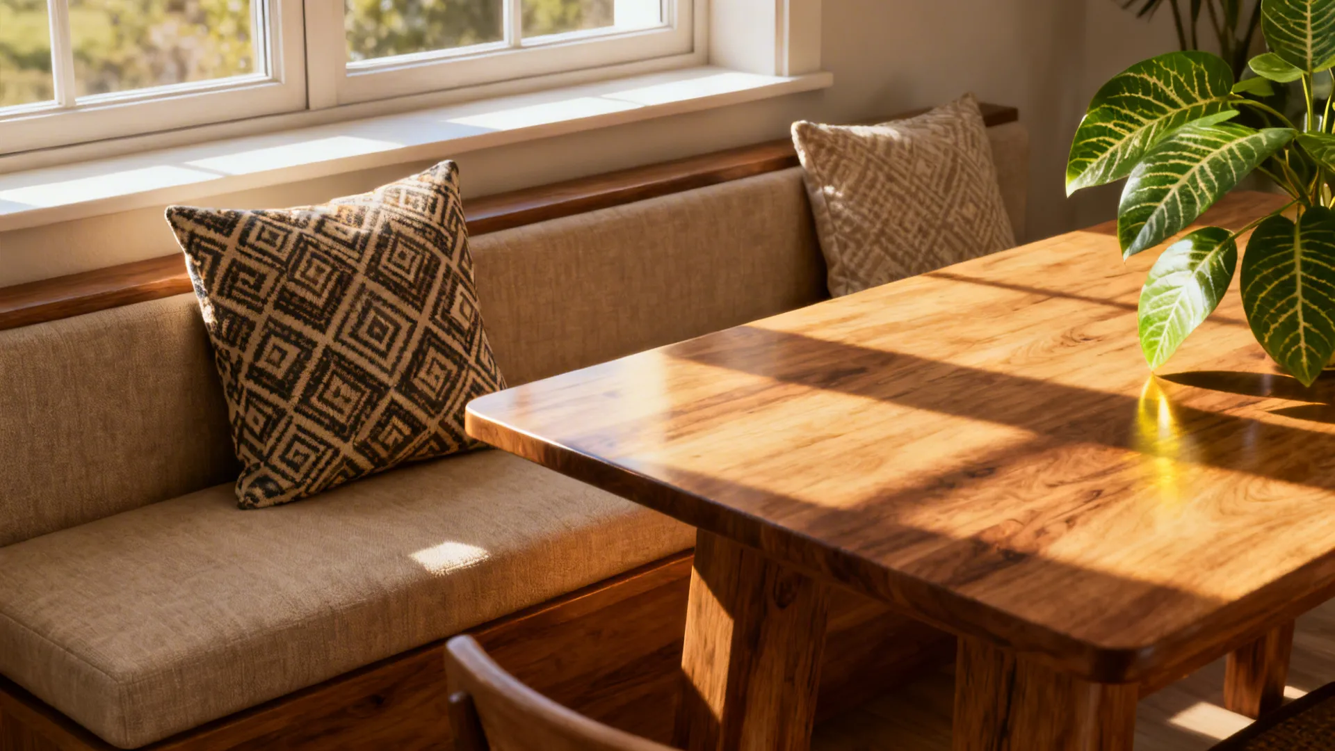 Dining table and window seat in matching wood tone with textured cushions and plant