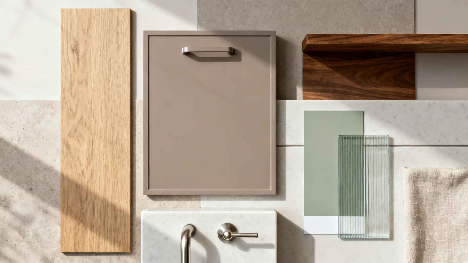 Interior design mood board showing wood samples brown cabinet door green card and marble faucet