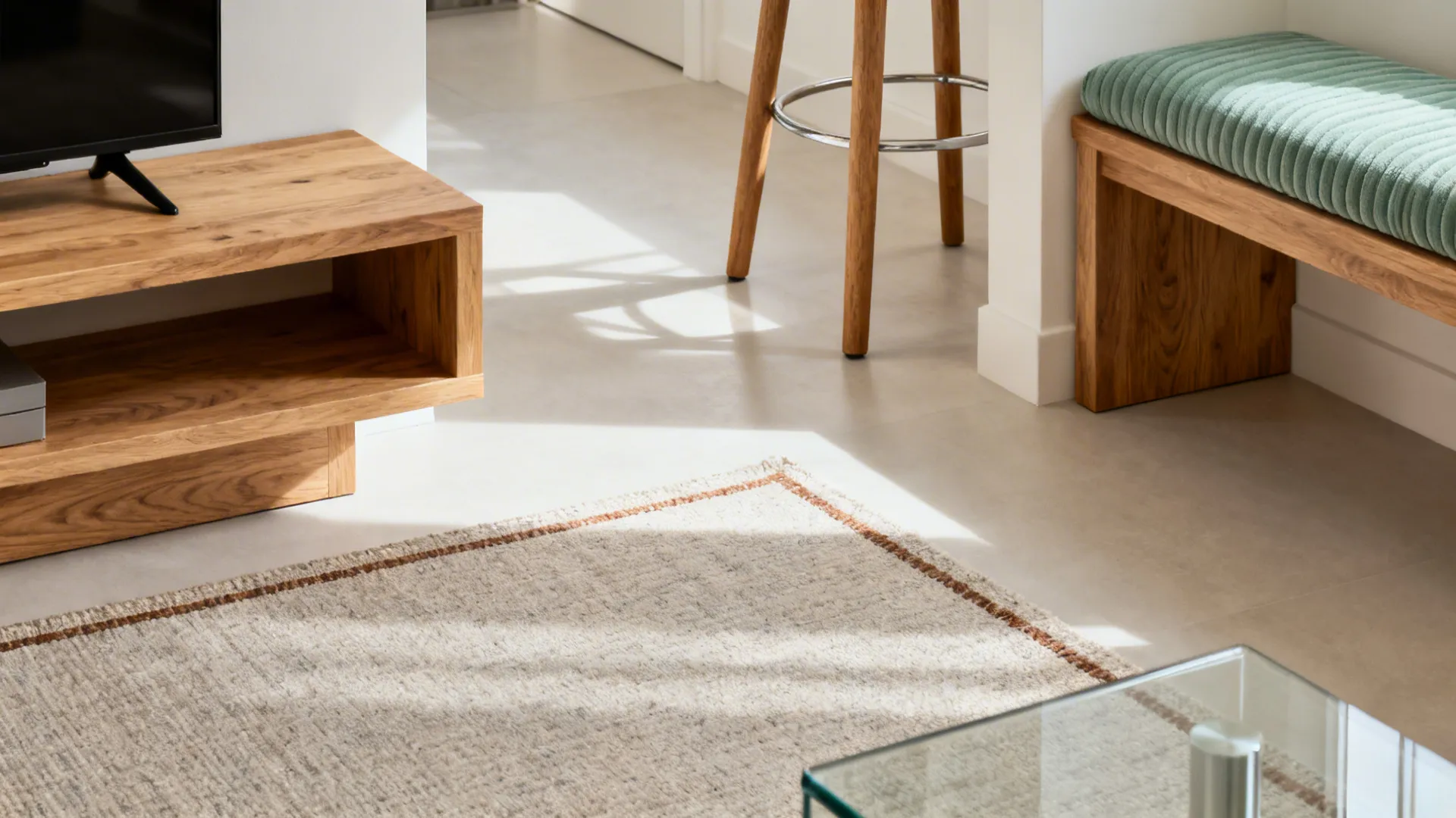 5) Material Continuity: Wood Tones, Low-Profile Rugs, and Slim Legs
